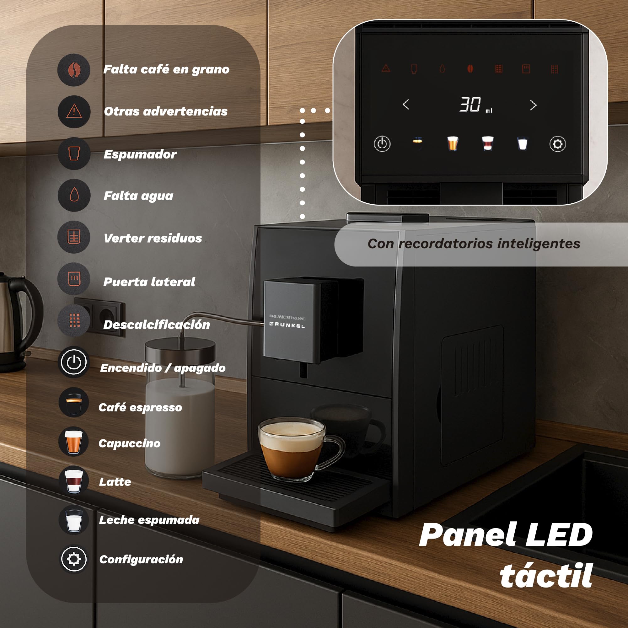 Grunkel DREAMCAFPRESSO Super automatyczny ekspres do kawy, 1,2 l, 5 napojów, ekran dotykowy, automatyczny spieniacz i podgrzewacz do mleka, zdejmowany młynek, 20 bar