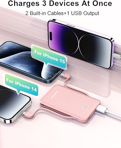 Miniatura 4 de Alongza Cargador portátil de 6000 mAh con cables integrados, mini banco de energía ultra delgado y USB C de carga rápida, batería esencial de viaje