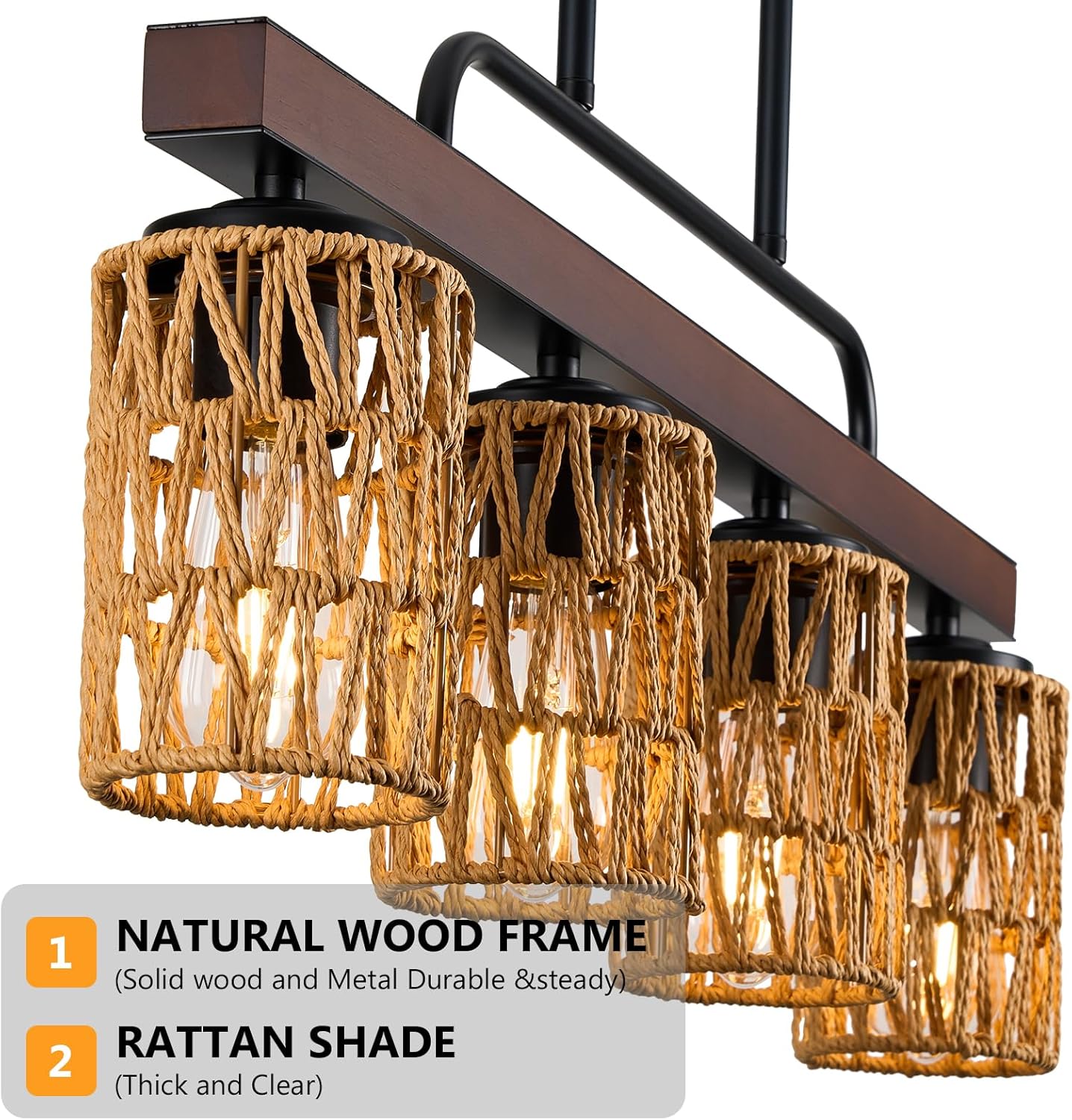 Farmhouse Dining Room Light Fixtures, 30" Rattan 4-Light Wood Kitchen Island Lights Fixture Boho Linear Chandelier Black Hanging Pendant Lighting Over Table