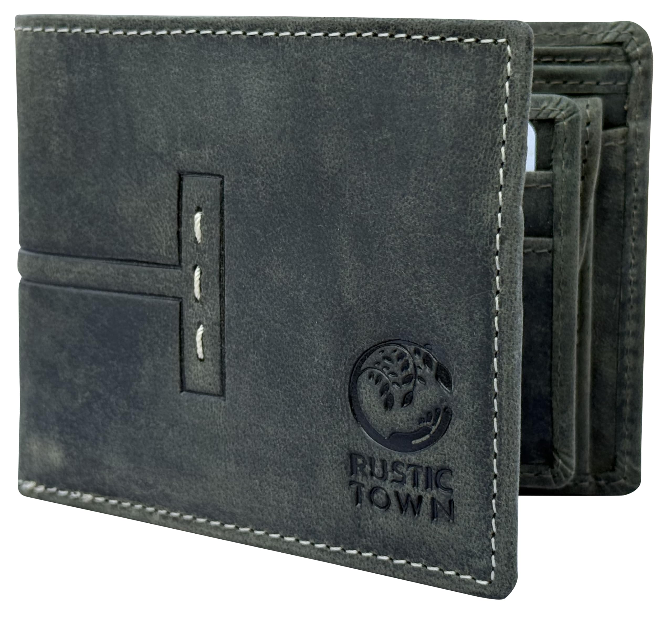 RUSTIC TOWN Leather Mens Wallets - Full Grain Leather RFID Wallet for Men with ID Window, Card Slots and Coin Pocket (Large, Vintage Green)