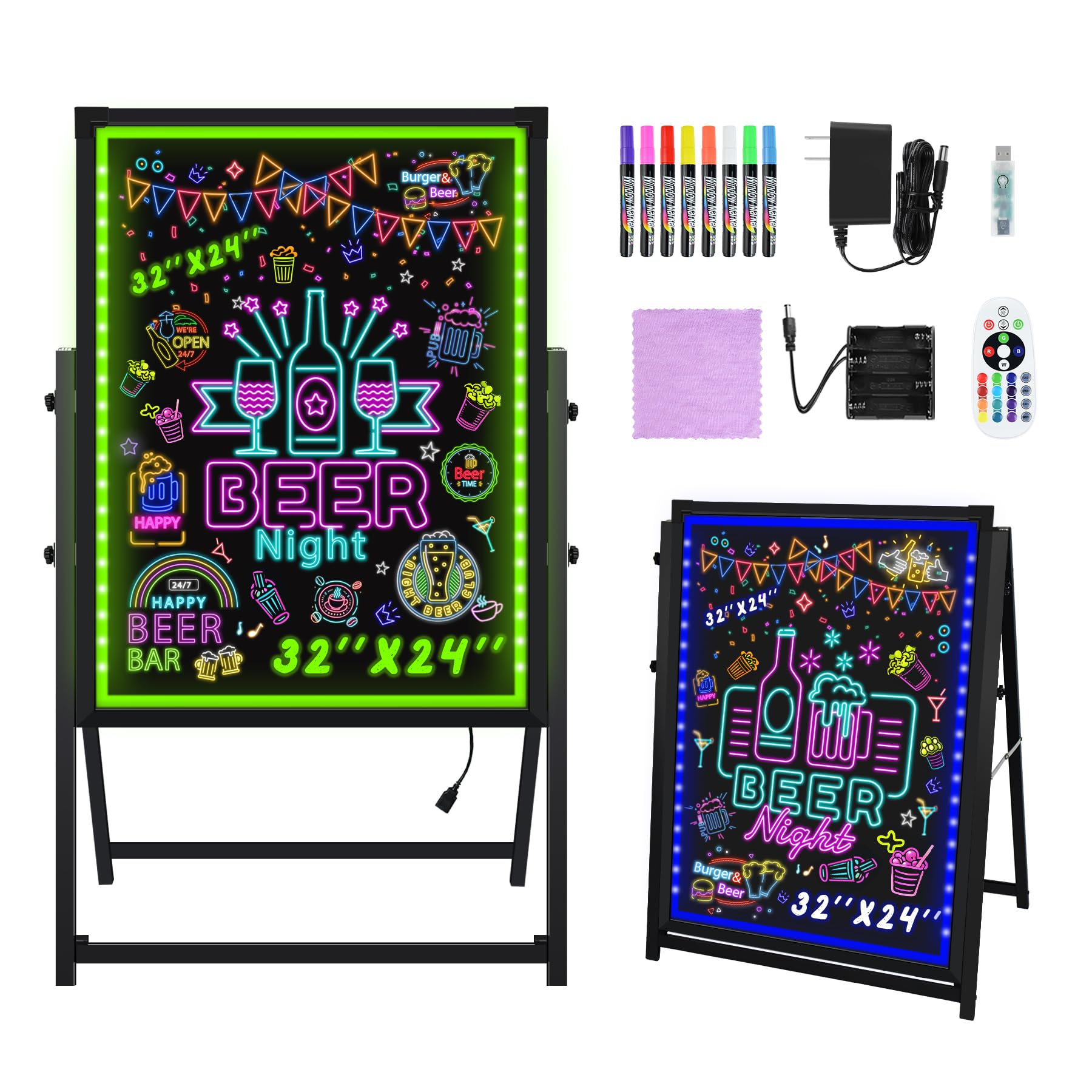 Hosim Standing A-Frame LED Message Writing Board, 32”x 24" Illuminated Erasable Neon Restaurant Menu Sign Board with 8 Colors Markers & 16 Lighting