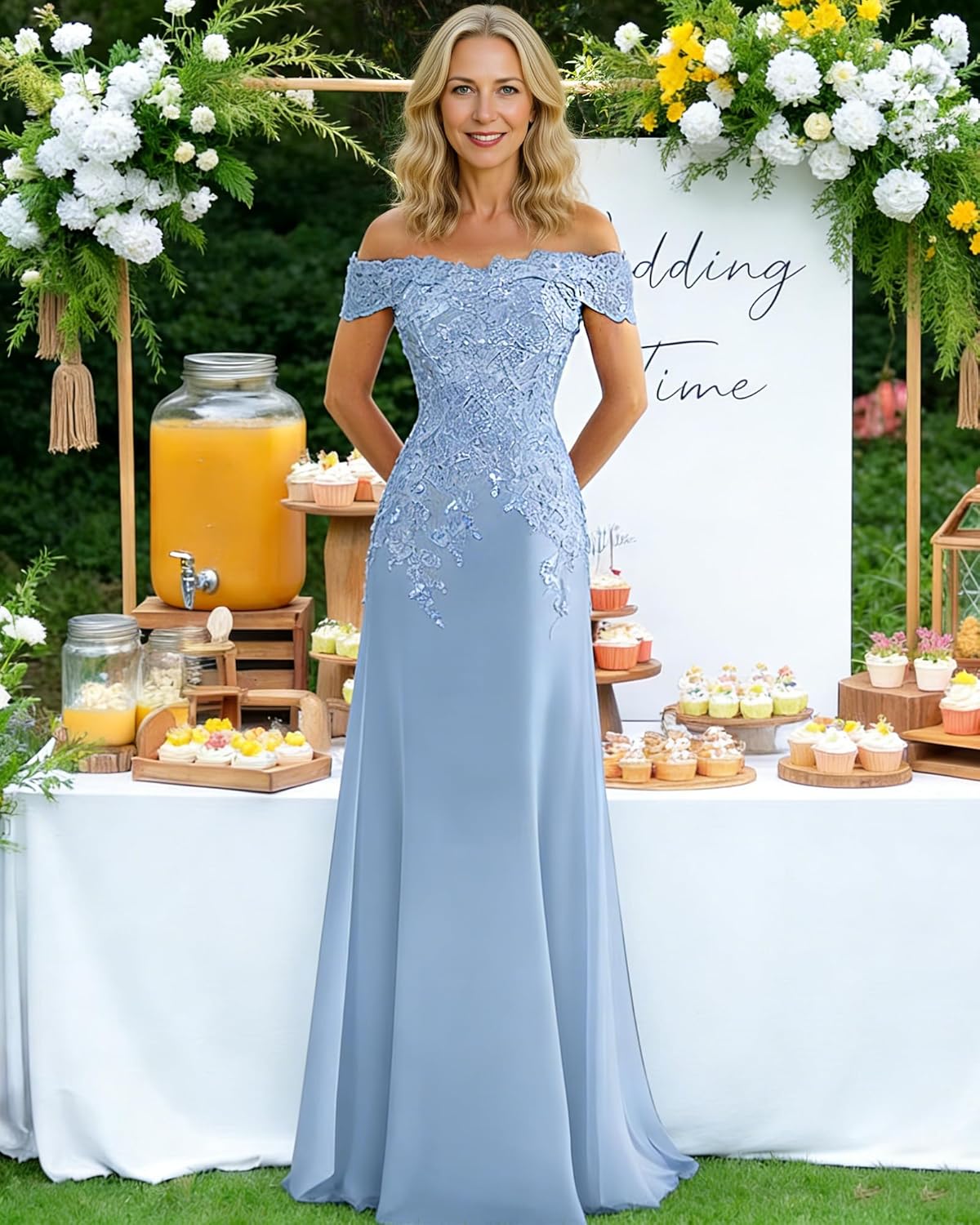 Mother of The Bride Dresses for Women Elegant Chiffon Off The Shoulder Wedding Guest Dress Lace Applique Evening Party Gowns