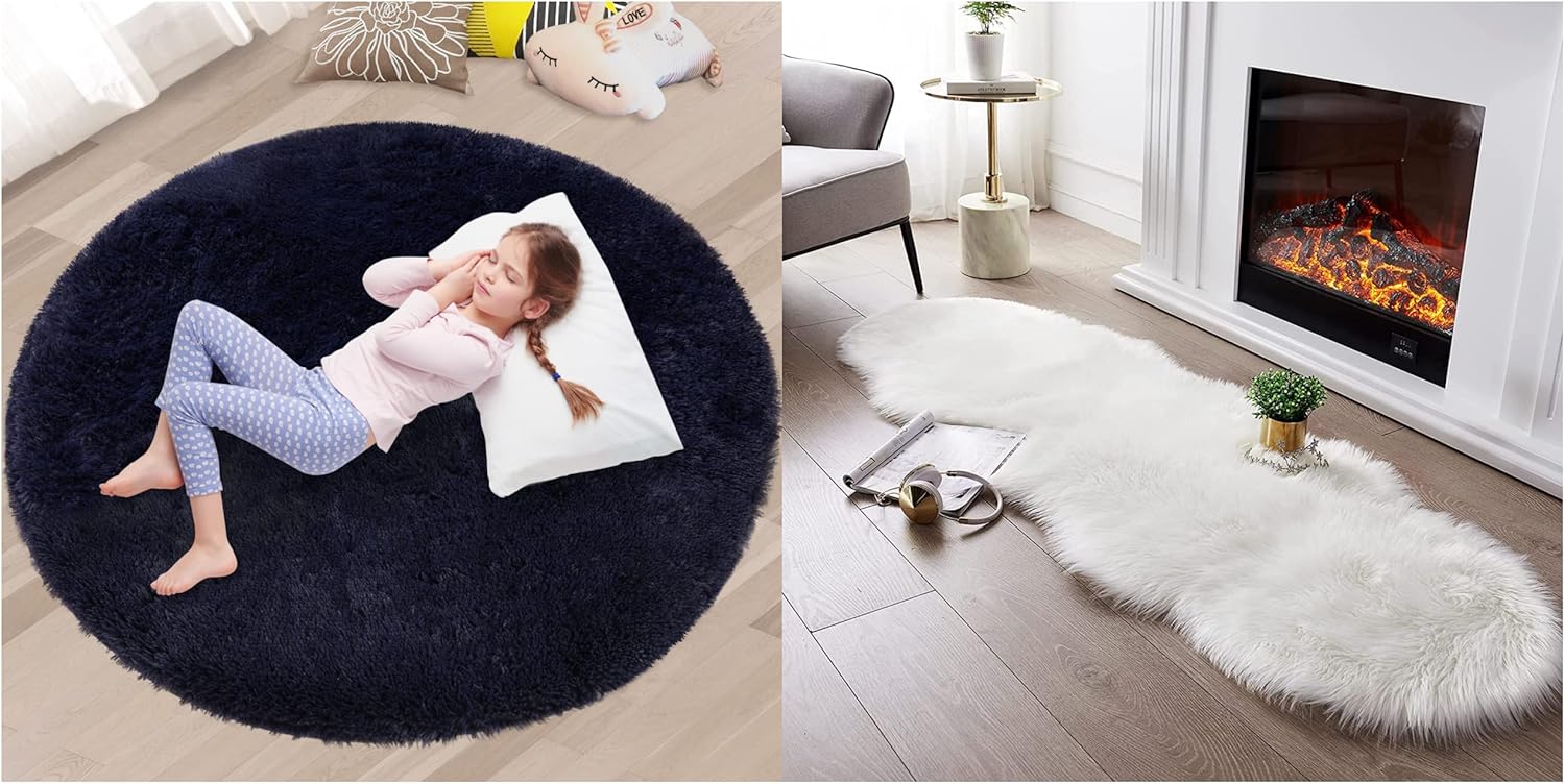 4 Feet Navy Blue Round Fluffy Rug and 2x6 Feet Ultra Soft Fluffy Rug White Faux