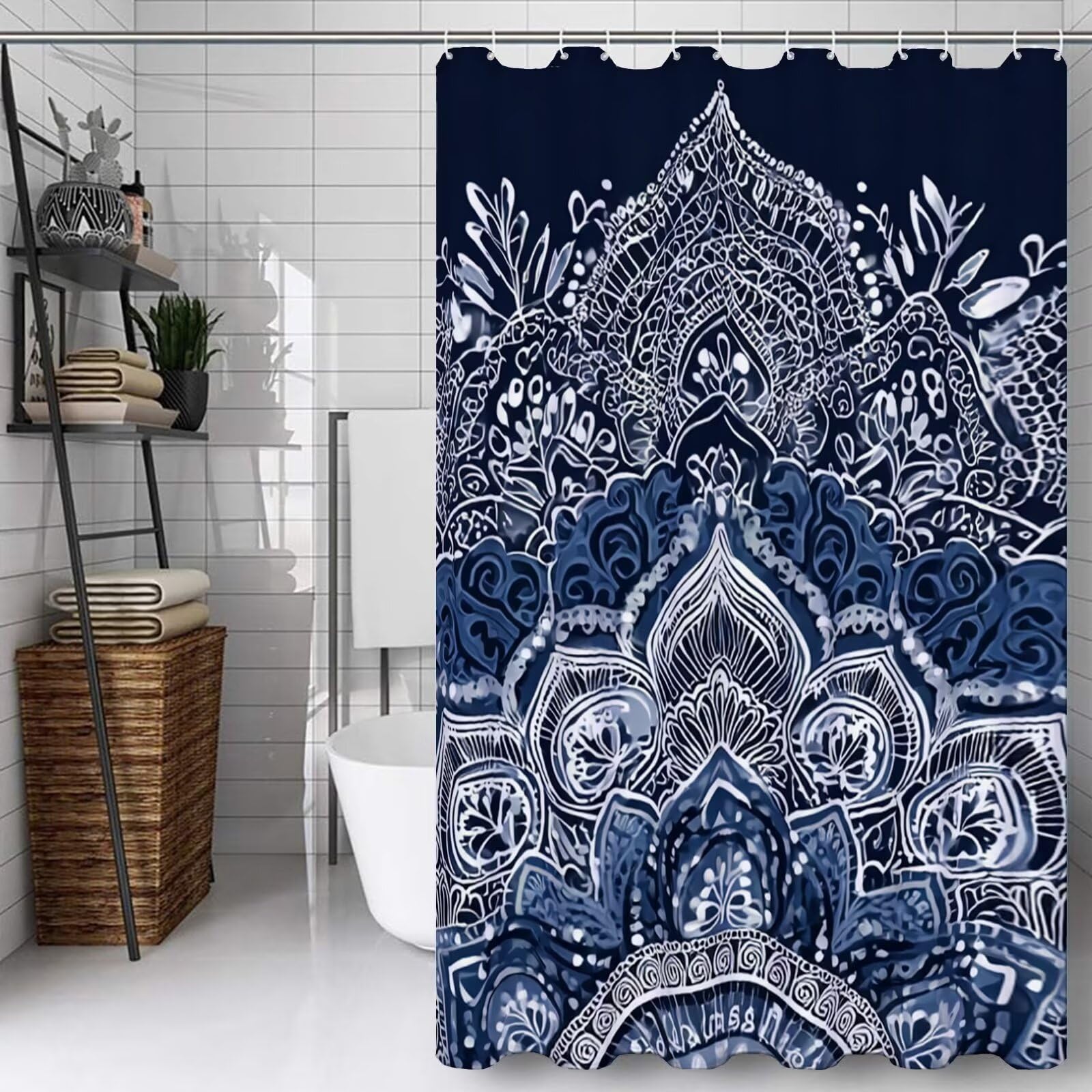 Rideau de douche bleu marine 150x170cm mandala en tissu lavable avec 12 crochets