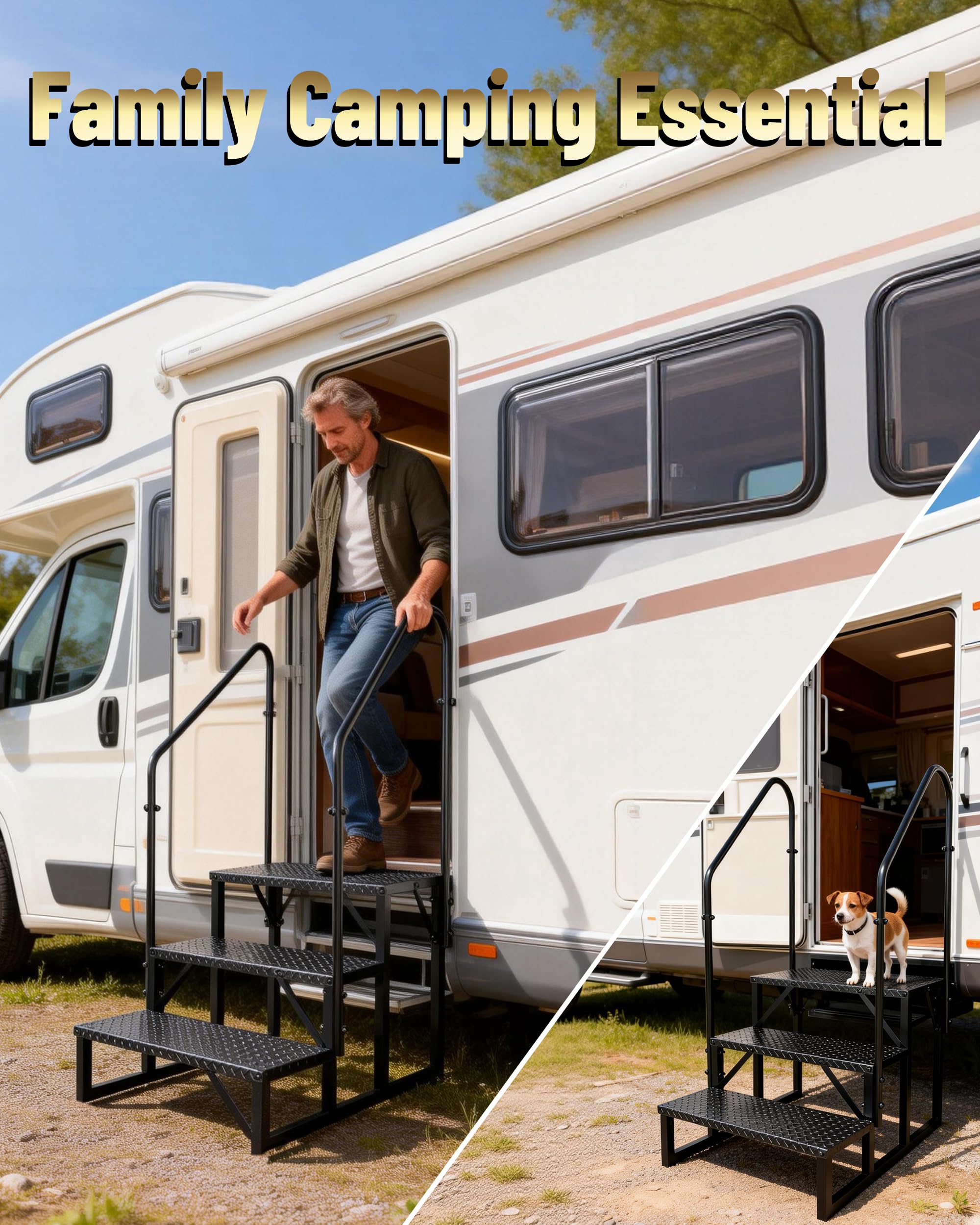 3 Stufen Trittstufe mit Handlauf, RV Trittleiter|Poolleitern|Leiter im Freien Haustiertreppe, Standtreppe Hocker Kinder aus Stahl Max 300 kg, Haushaltsleiter für Mobile Home (3 Stufen 2-Handlauf)