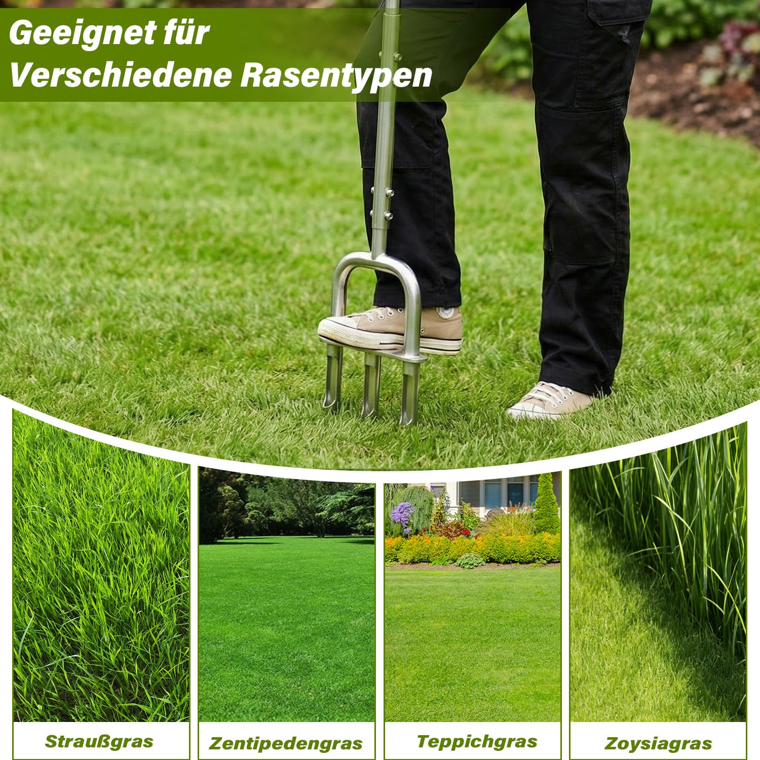 Aerifizierer für Rasen, 2-in-1 Rasenspecht mit 3 Hohlspoo, Edelstahl T-Griff-Rasenlüfter für verdichtete Böden, Rasenpflege(100cm)