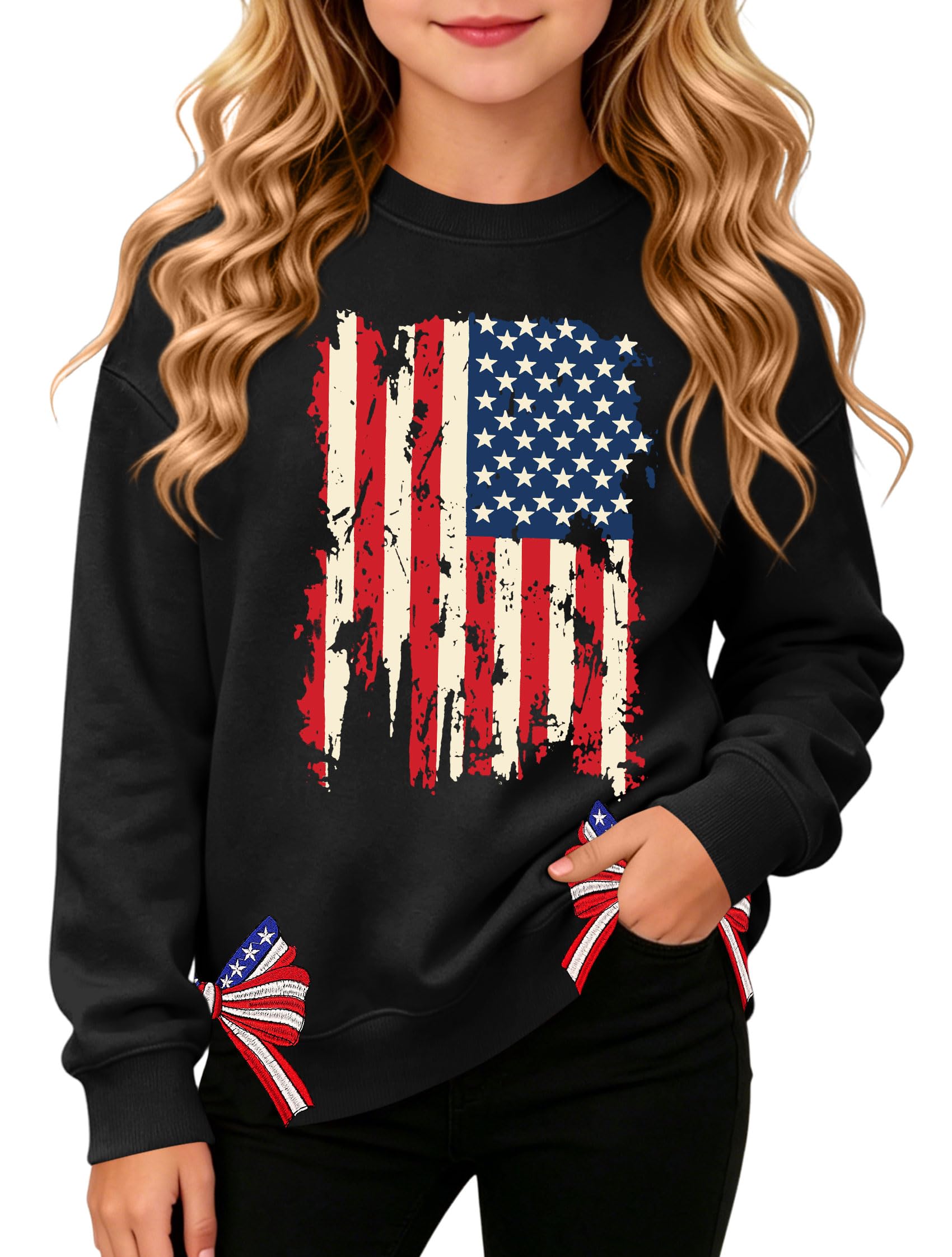 Ithalt Kids USA Sweatshirt Boys Girls 4th of July Shirt American Patriotic Pullover with Embroidered Side Slits 5-14y