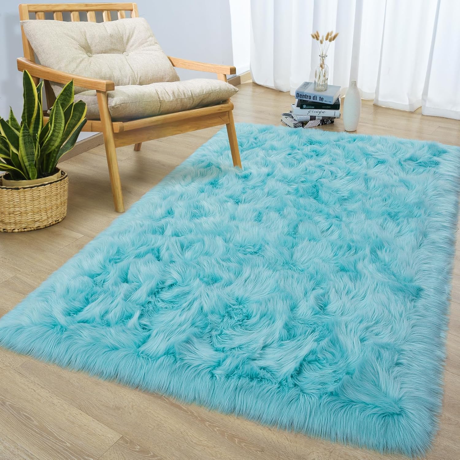 Softlife Teal 3x5 Faux Fur Rug for Bedroom, Fluffy