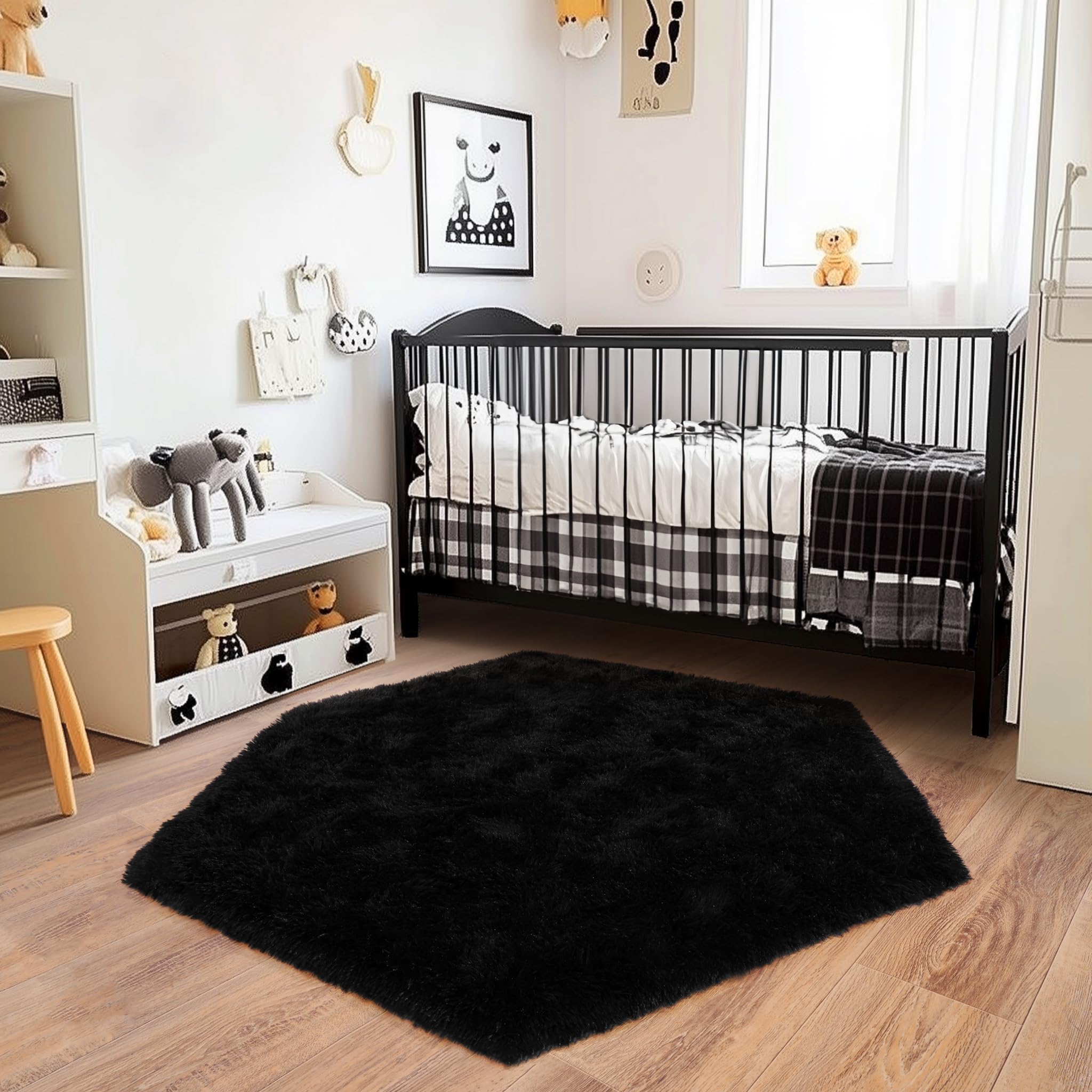 Quntue 4x4.6 Feet Black Hexagon Rugs for Bedroom, Ultra Soft Fluffy Hexagon Area Rug for Kids Room, Cute Shag Rugs for Boys Girls Room, Fuzzy Plush
