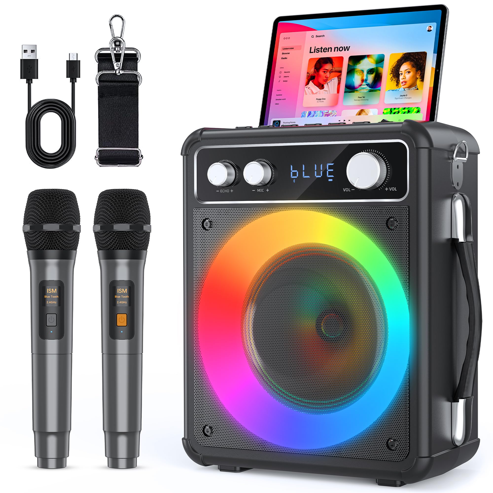 Karaoke Machine, Portable Bluetooth Karaoke Speaker with 2 Wireless Microphones, PA System for Adults Kids with LED Lights & Echo Adjustment, Supports TWS/TF/USB/AUX for Home Party-image-27