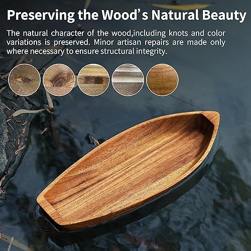 Miniatura 8 de Bandeja para servir Barco de la Suerte, plato de madera maciza de acacia con forma interesante para servir postres, frutas, aperitivos y ornamento