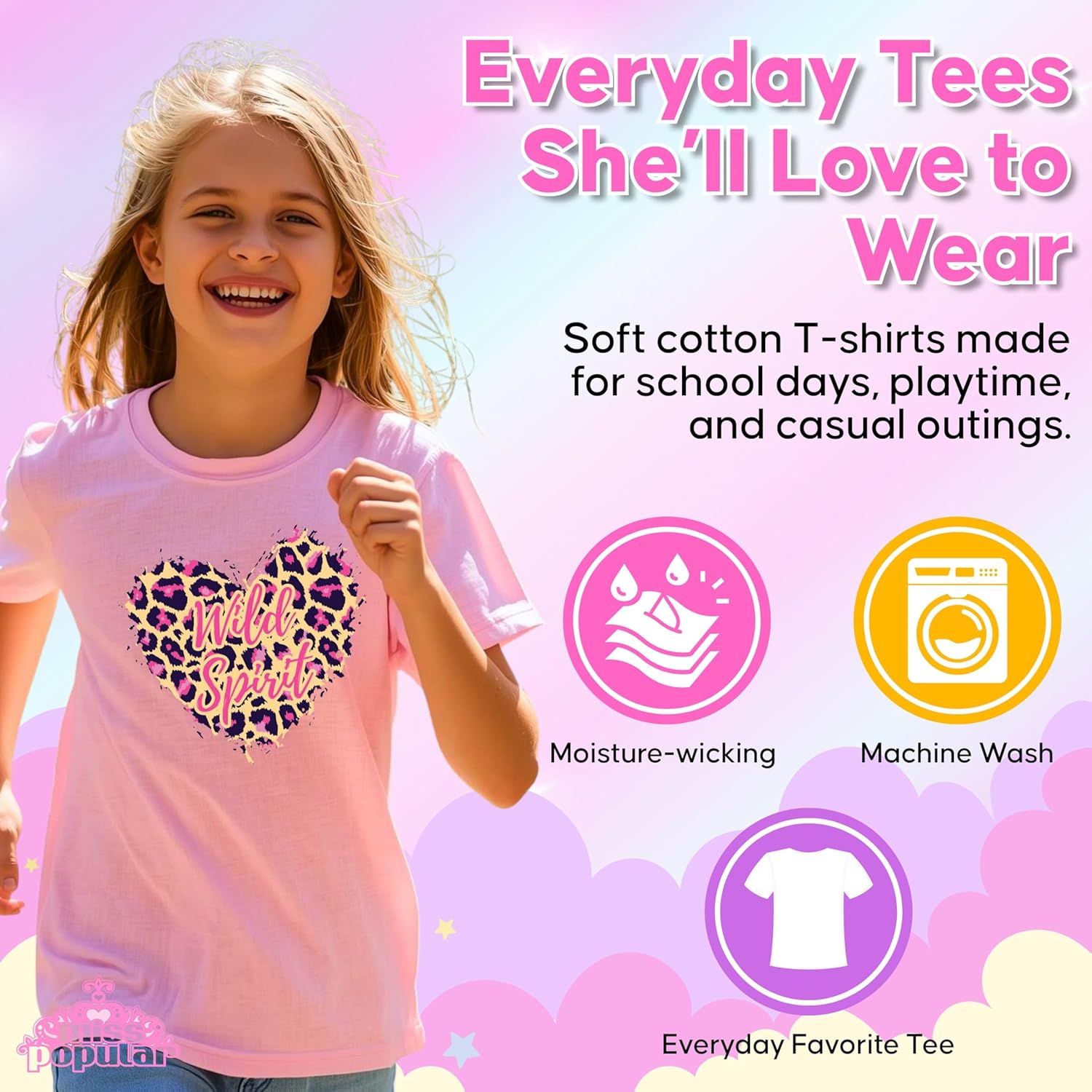 MISS POPULAR Girls 5 Pack Printed T-Shirts Soft Cotton Tees for Everyday Wear Sizes 7-16 Years