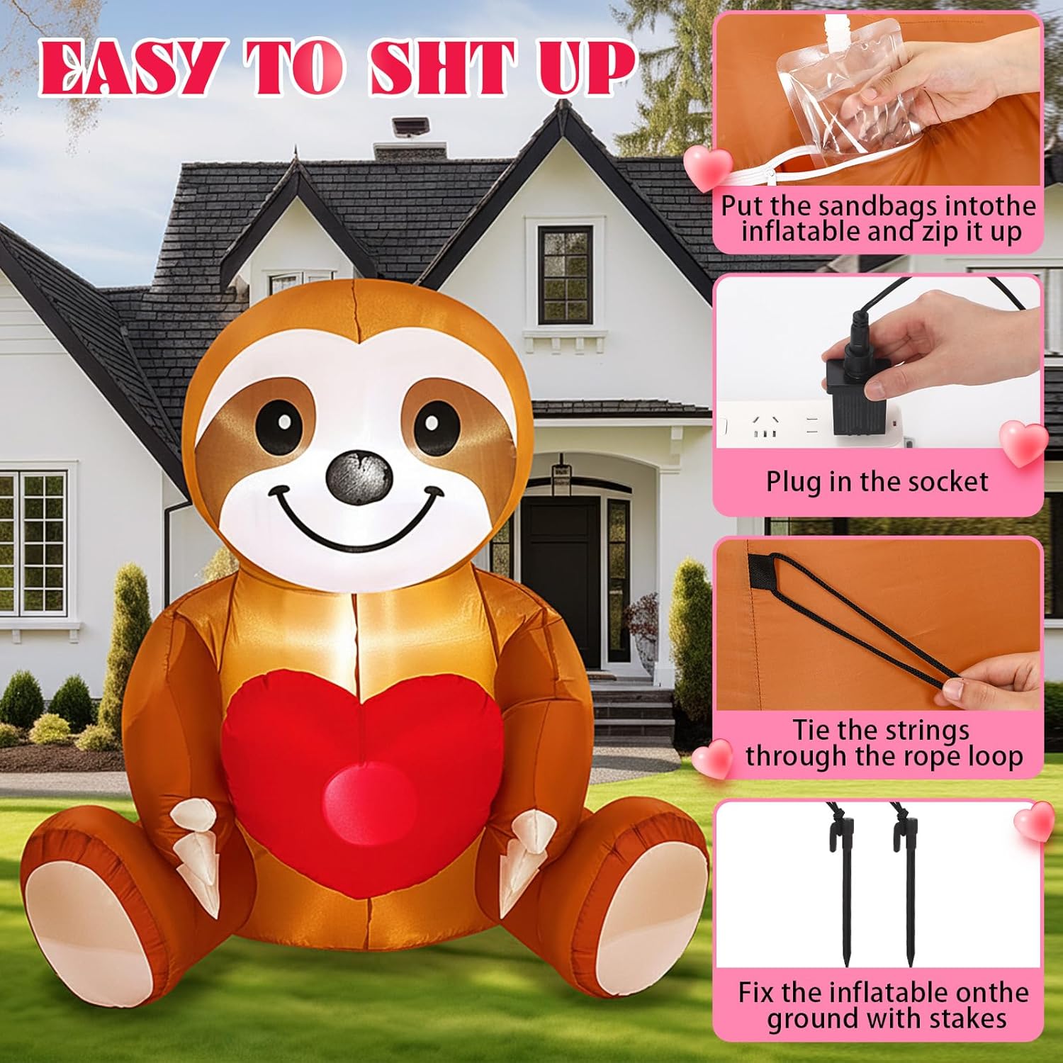 Glooglitter 4ft Valentine's Day Inflatable Outdoor Decorations Sloth with Love Heart LED Lighted Valentines Blow up Yard Decorations for Anniversary Wedding Propose Garden Lawn Indoor Outdoor Decor