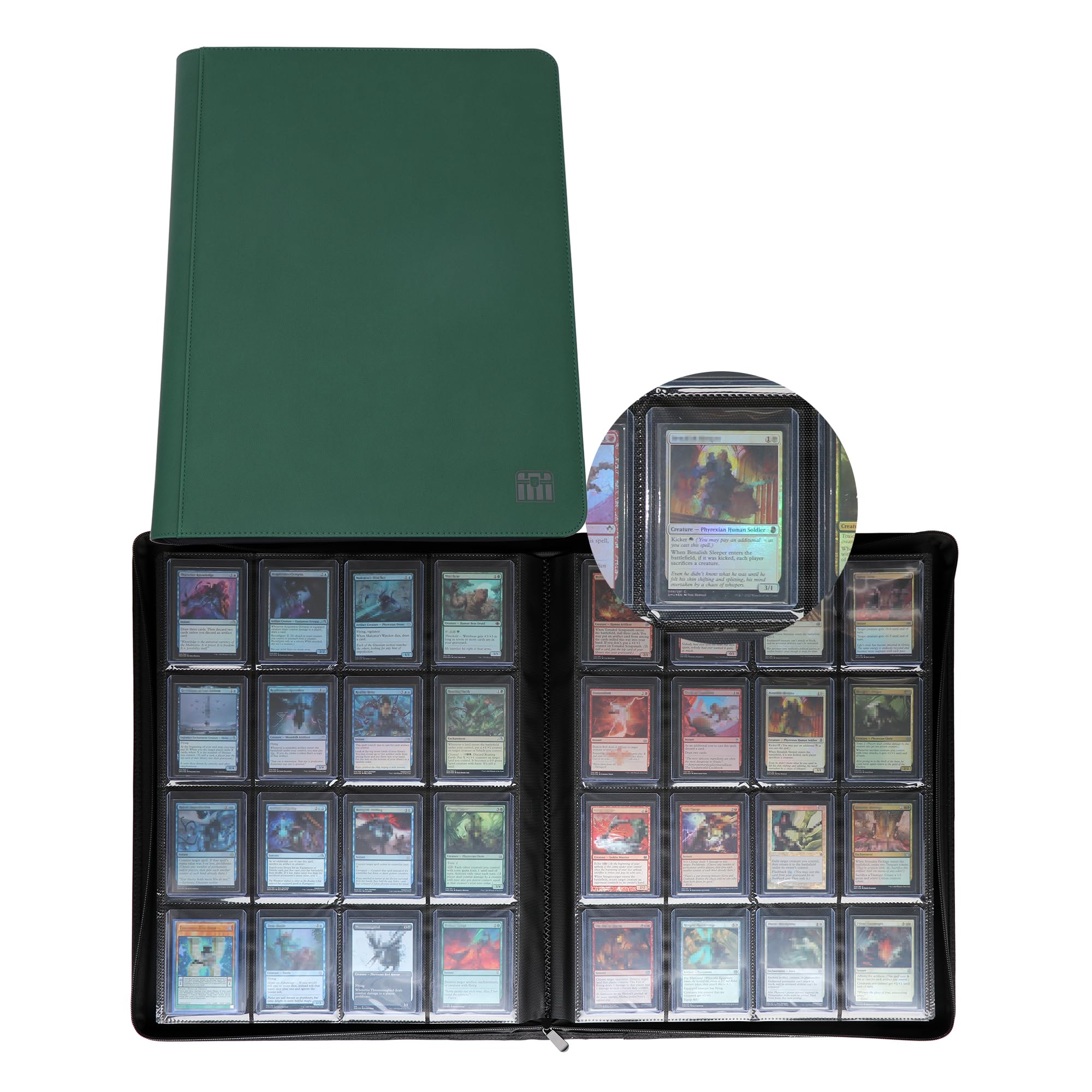 Rieton 16 Pocket Toploader Binder, Holds 640 Top Loaders, Toploader Binder with Sleeves for 3'' x 4'' Toploaders - Green