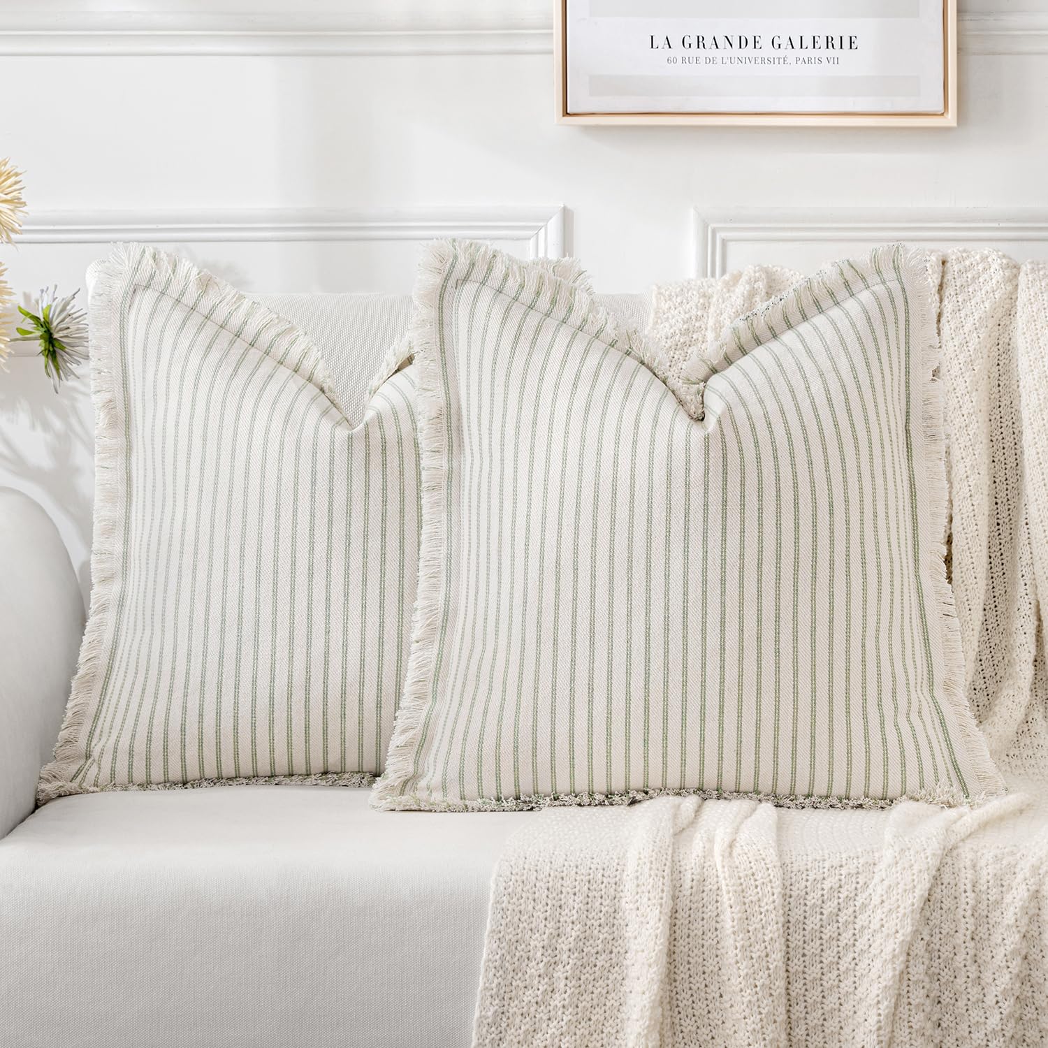 MIULEE Pack of 2 Sage Green Pillow Covers 18x18 Inch Striped Farmhouse Couch Spring Throw Pillow Covers with Fringe Chic Linen Decorative Cushion