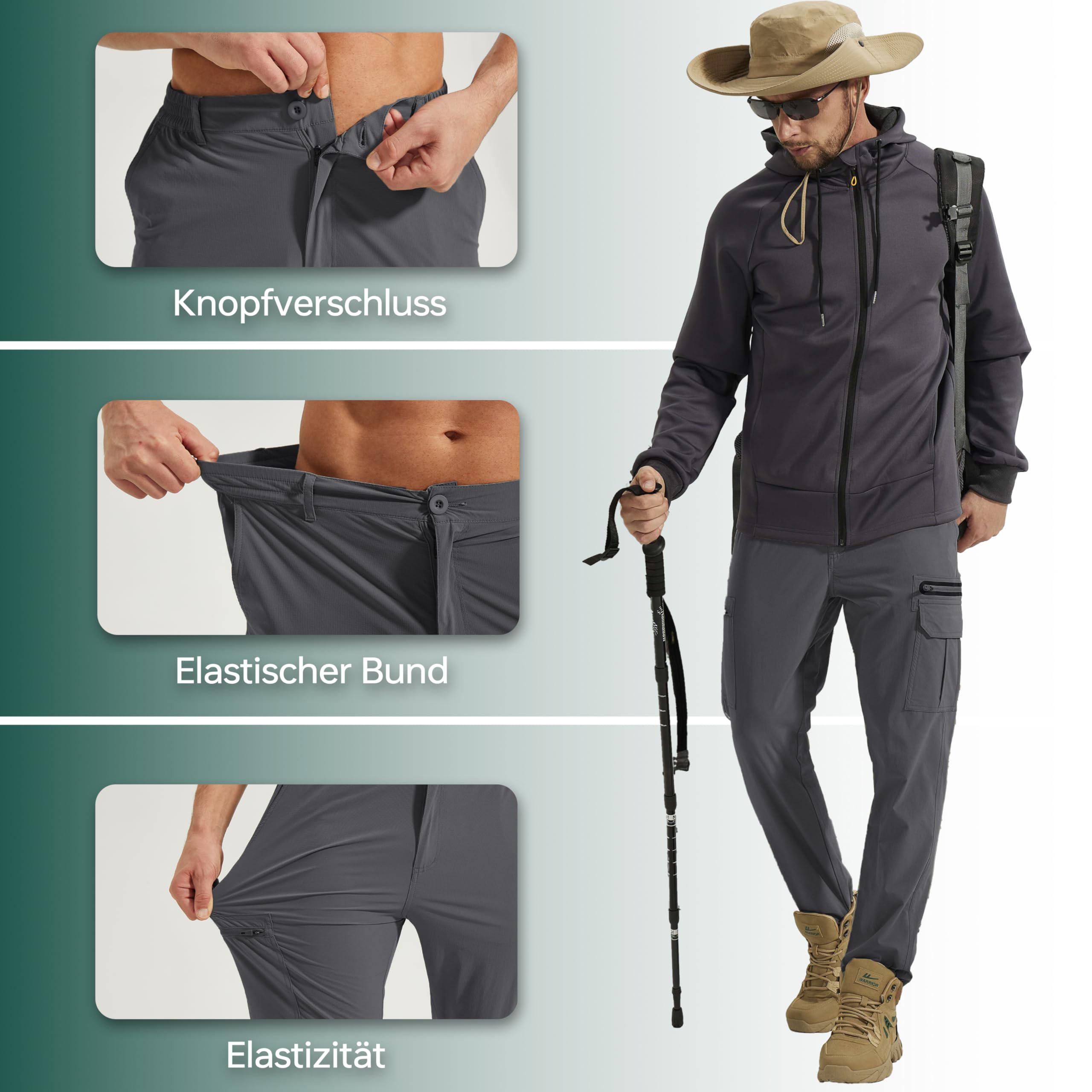 NATUVENIX Pantalones de senderismo para hombre con cremallera off, pantalones de trekking para hombre, ligeros, cargo de verano, pantalones de trabajo para hombre, elásticos