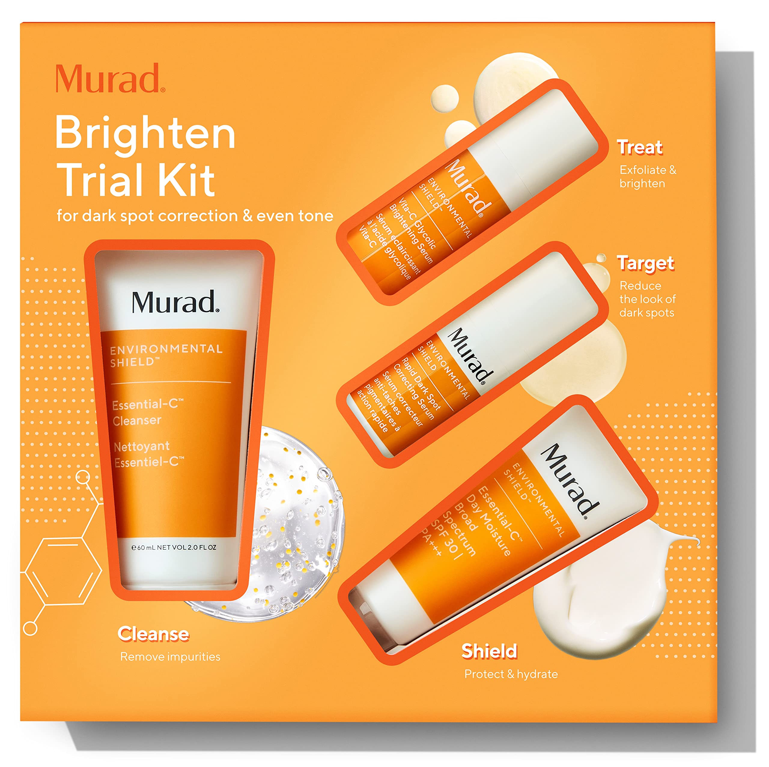 Murad Brighten Trial Kit – Brightening Skin Care Kit - Daily Protection Creams Set with Trial Size Essential-C Cleanser, Essential-C Day Moisture, Vitamin C Serum & Dark Circle Eye Cream