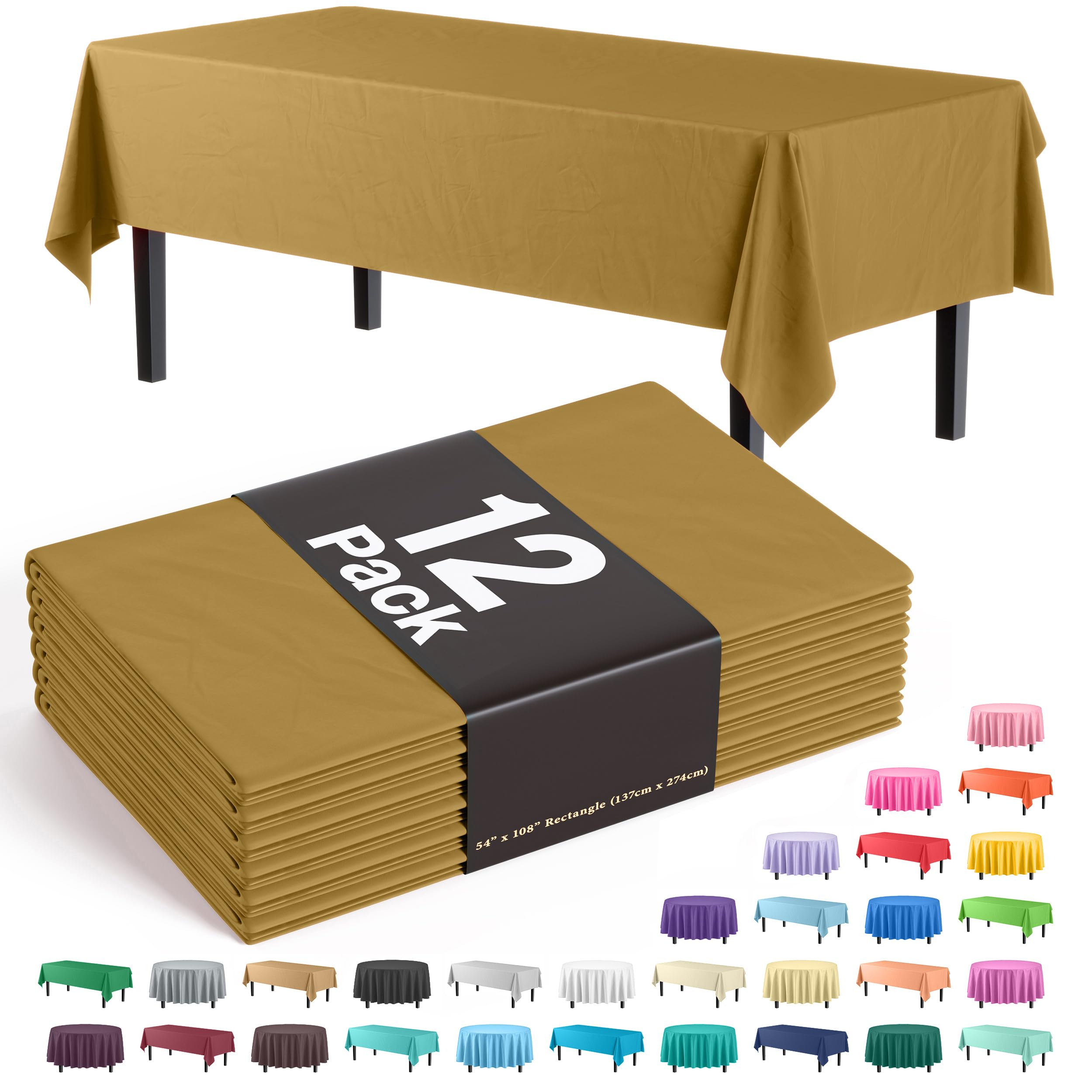 Exquisite Party Solids 12-Pack Premium Plastic Tablecloth 54in. x 108in. Rectangle Table Cover - Gold