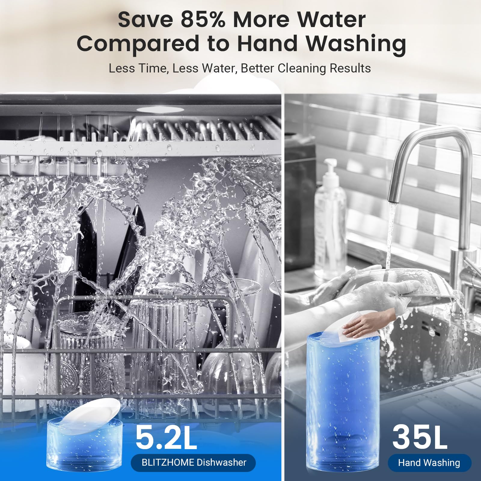 Lavavajillas Pequeño, BLITZHOME Lavavajillas Compactos Control Táctil, 9 Programas, Depósito de Agua de 5,2L, Compatible con o sin Conexión de Agua, Secado, Inicio Retardado, Portátiles para Camping