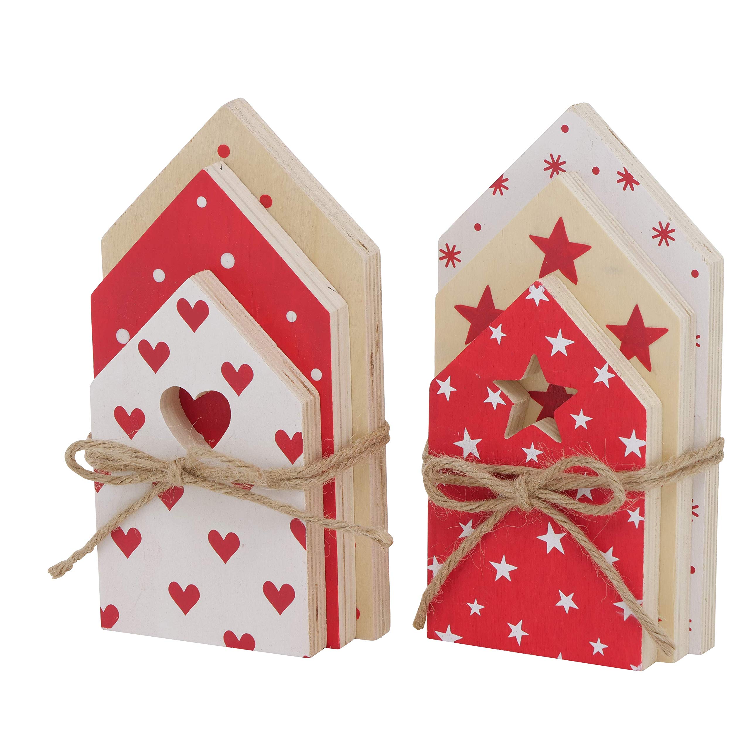 BB - Juego de 6 Adornos Colgantes para Decoración Navideña, Diseño de Casas de Madera, Estrellas, Corazones, Puntos, Árbol de Navidad