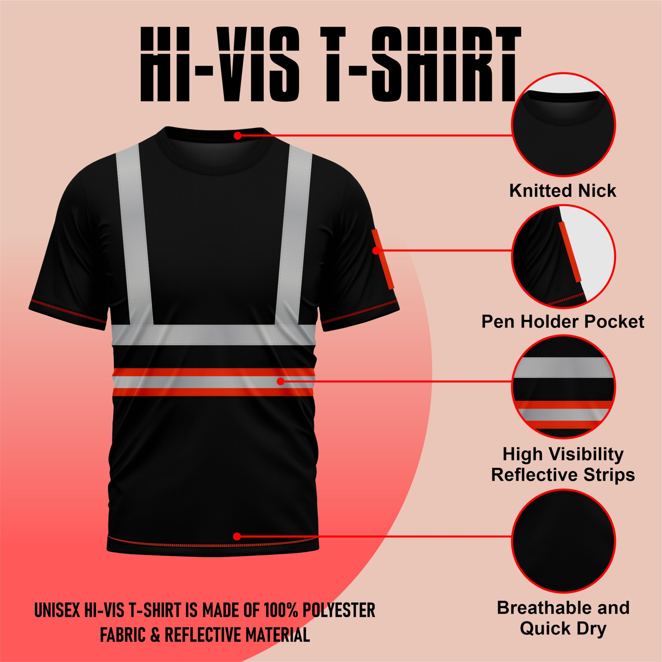 mymixtrendz Hi Viz High Visibility Security Work T Shirts Dri Fit Round Crew Neck Short Sleeves Safety Reflective Tape Breathable Workwear Tops S-XXL Black Orange - Image 3