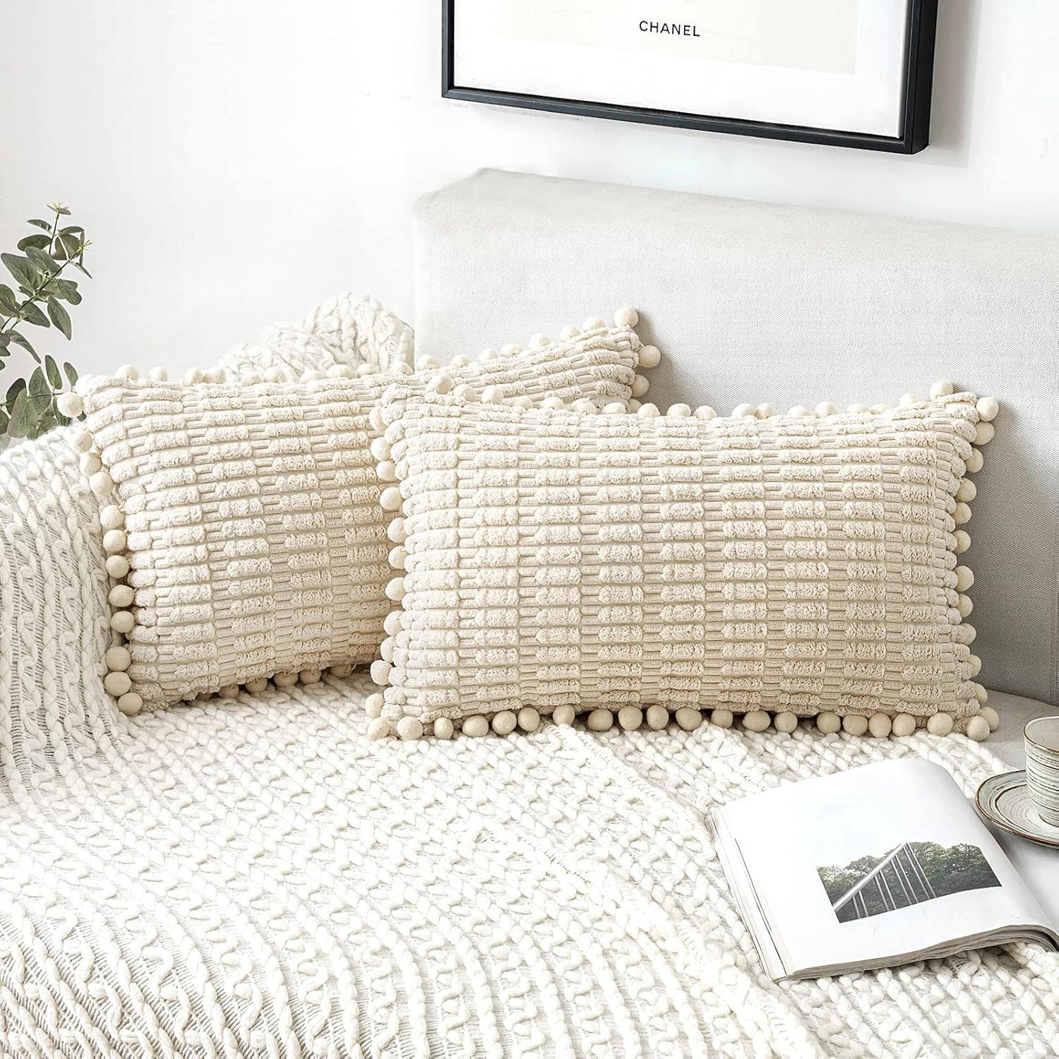 MIULEE Cream White Corduroy Decorative Throw Pillow Covers Pack of 2 Pom-pom Soft Boho Striped Pillow Covers Modern Farmhouse Home Decor for Sofa Living Room Couch Bed 12x20 Inch 12x20 Inch (Pack of 2) Cream White
