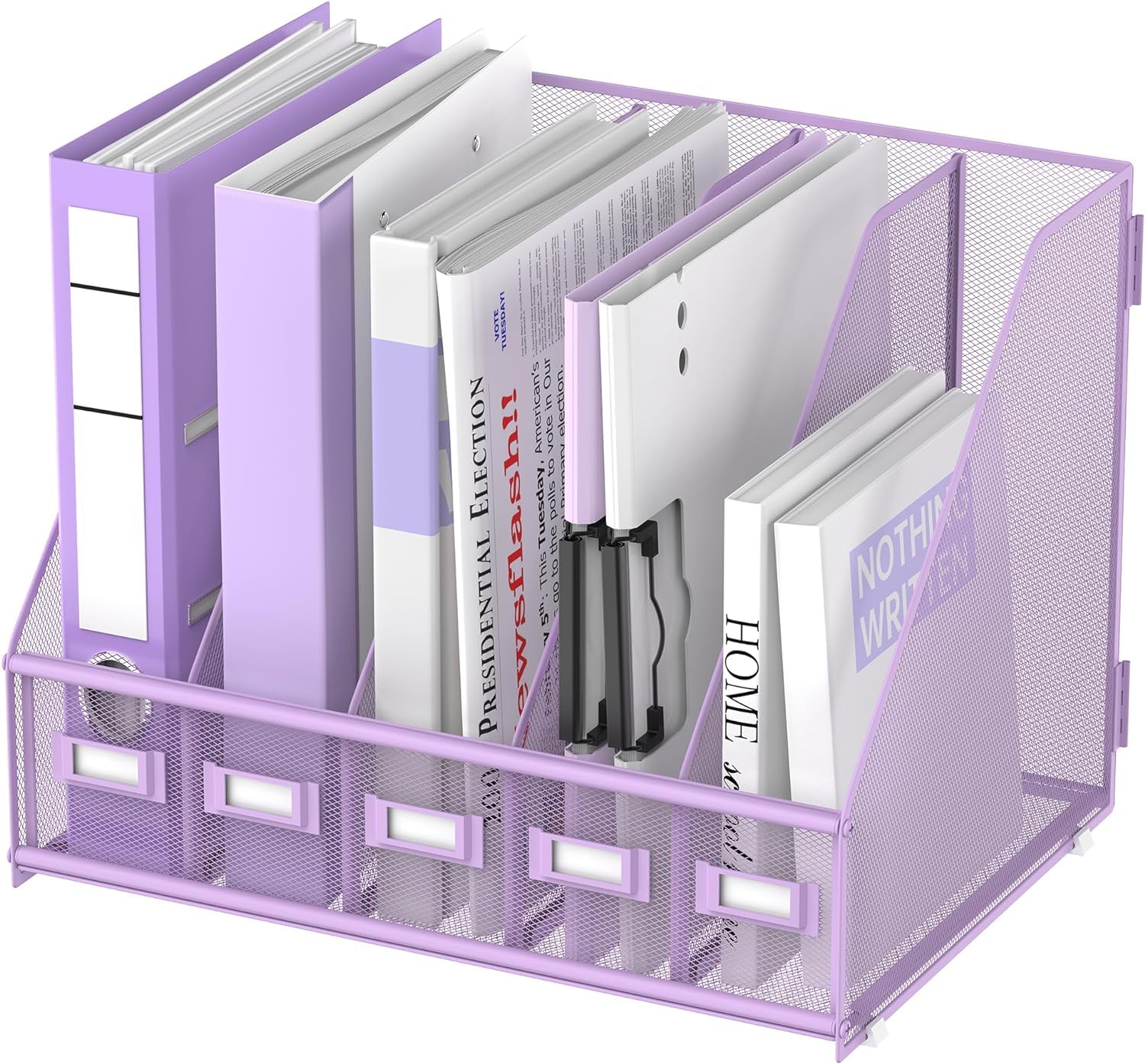 Suptidy Purple Rack File Organiser - Office Desktop Organiser Made Of Metal - Magazine Rack With 5 Vertical Compartments - Magazine File Holder,
