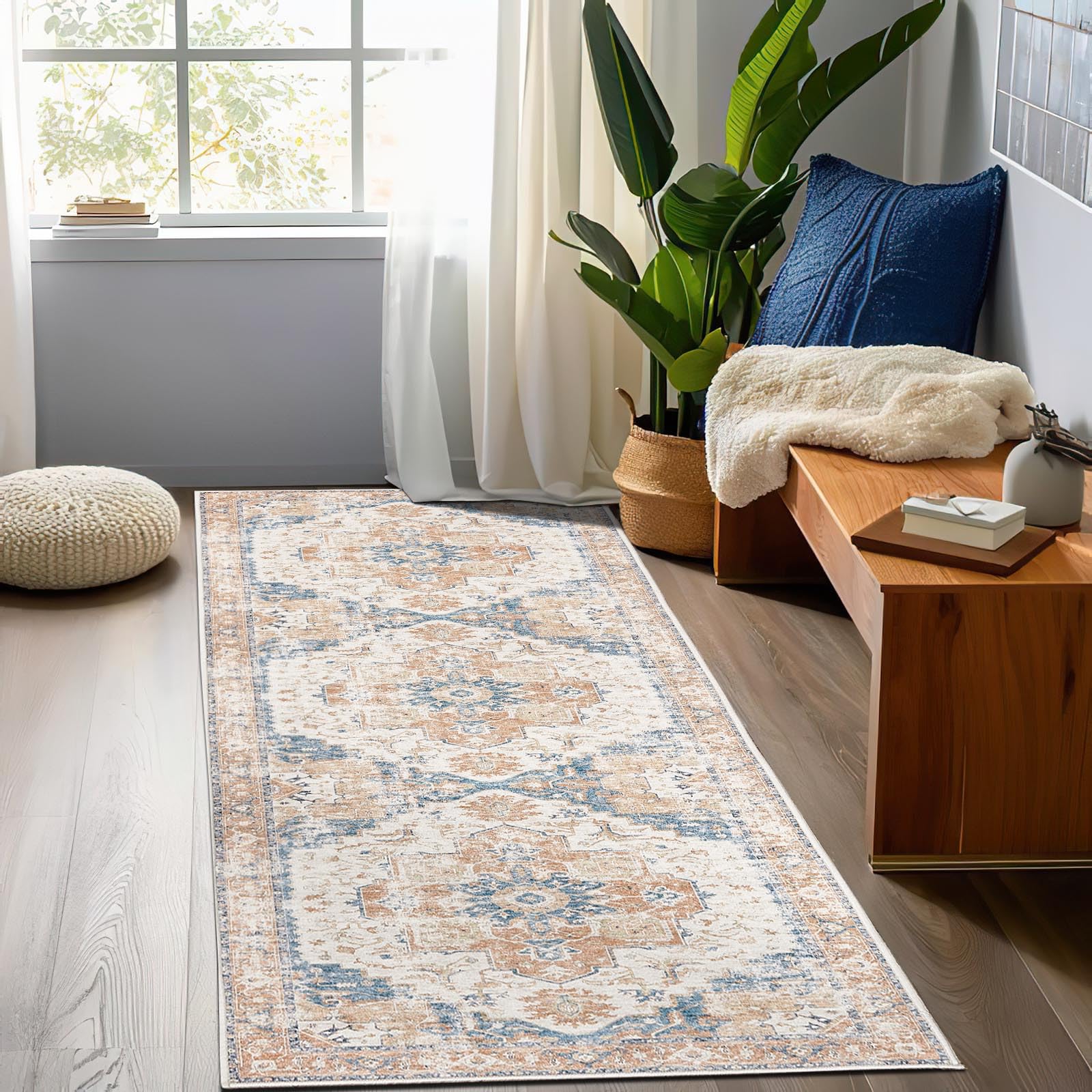 Tapis à poils ras design oriental orange vintage haut de gamme