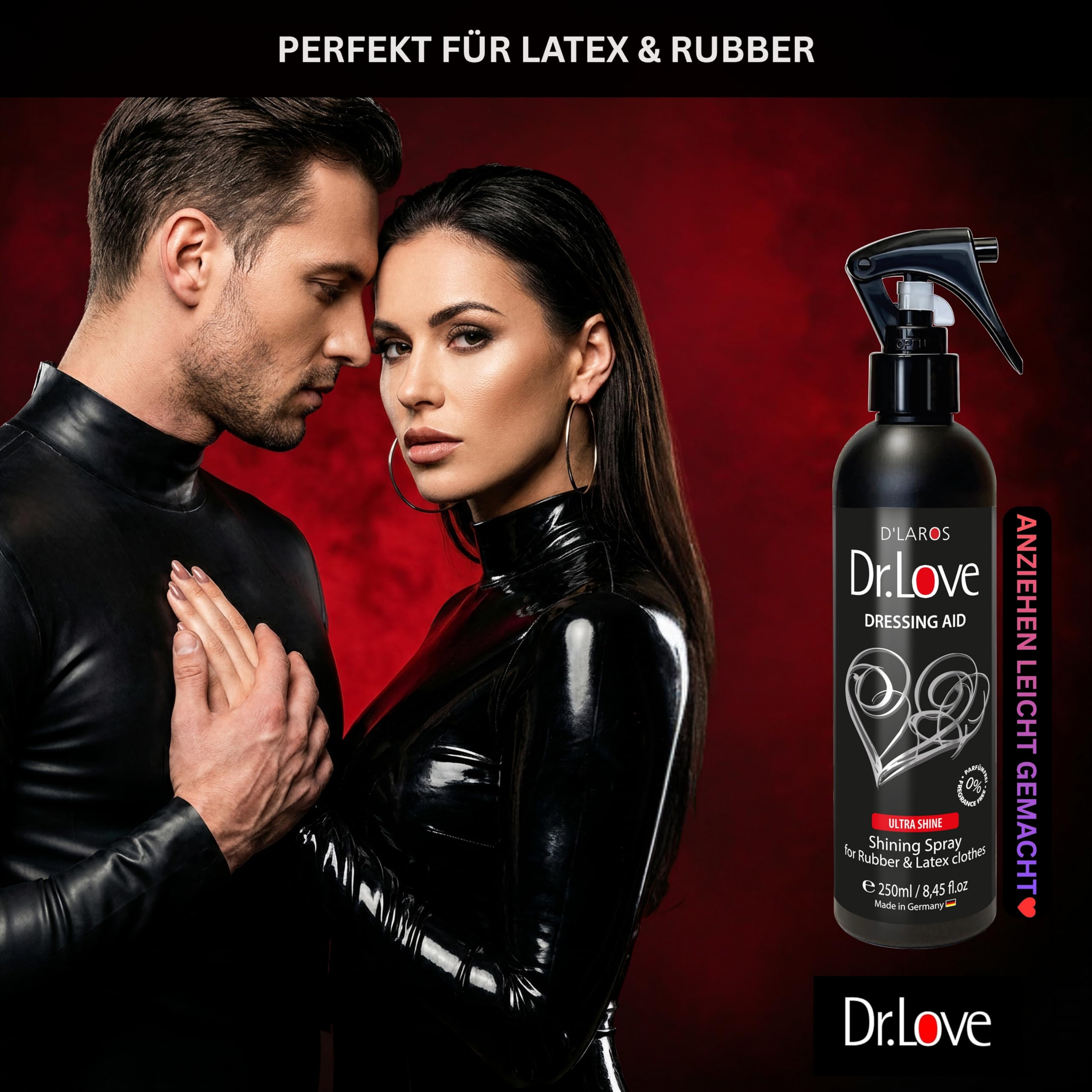 Dr.Love Premium Dressing Aid | 250 ml | Spray Shining Spray Soin au latex brillant & aide à l'enfilage pour elle et lui | Doux pour la peau | Huile de silicone pour latex | Soin du caoutchouc sans
