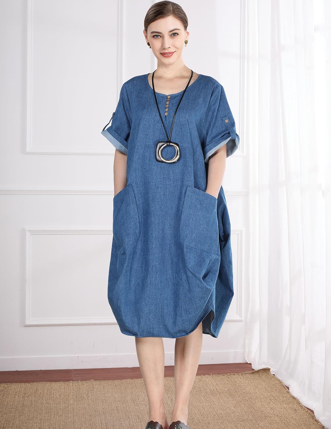 Minibee Women's Ruffle Oversize Casual Midi Dresses with Pockets - Image 2