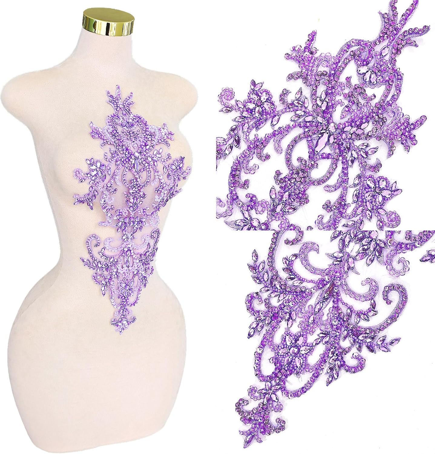 Handmade Beaded Crystal Patches Bodice Lace DIY Applique Trim Patches for Dress Clothes (M9-Lightpurple)