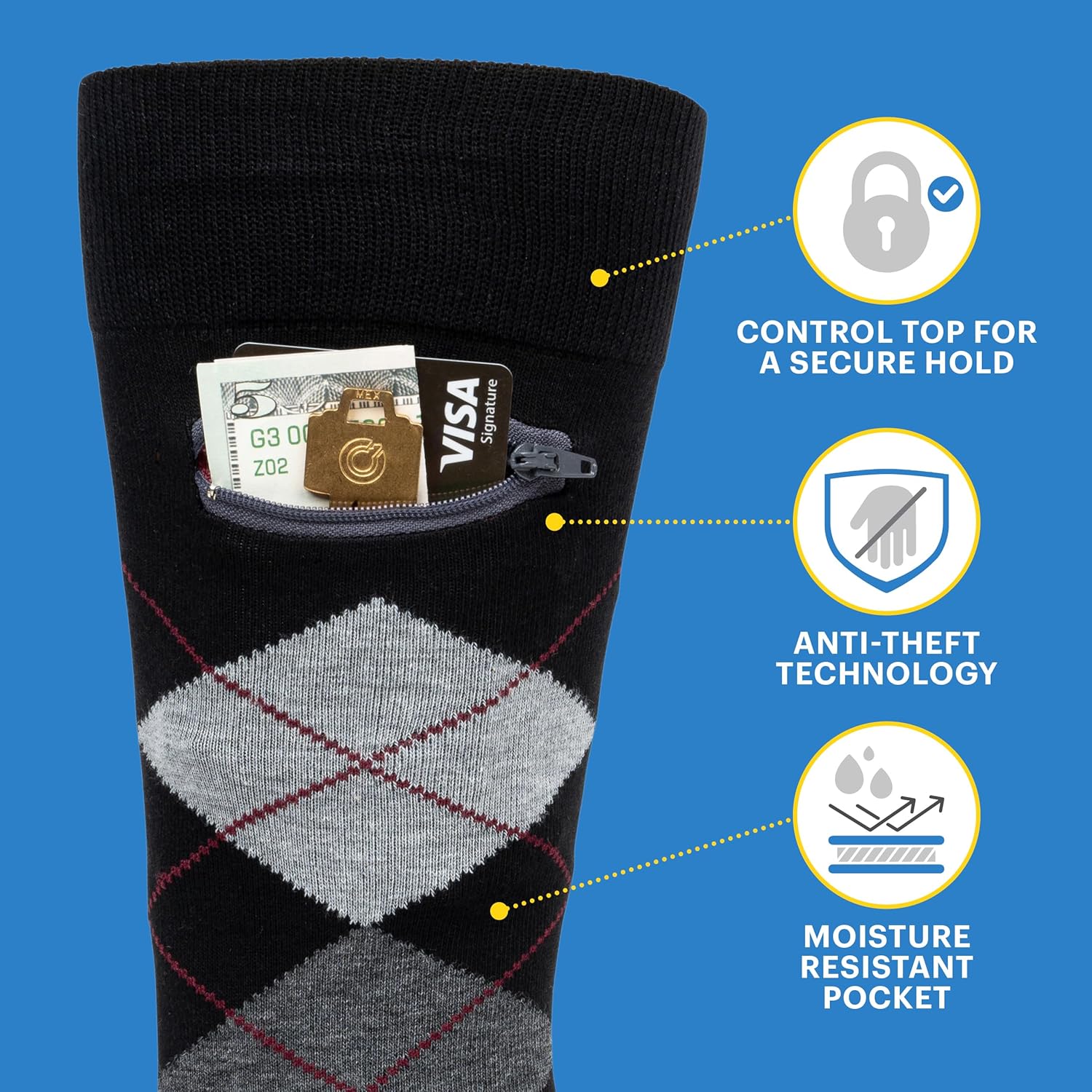 Pocket Socks Moisture Wicking Crew Socks - Anti Pickpocket Dress Socks for Women and Men w/Hidden Pocket
