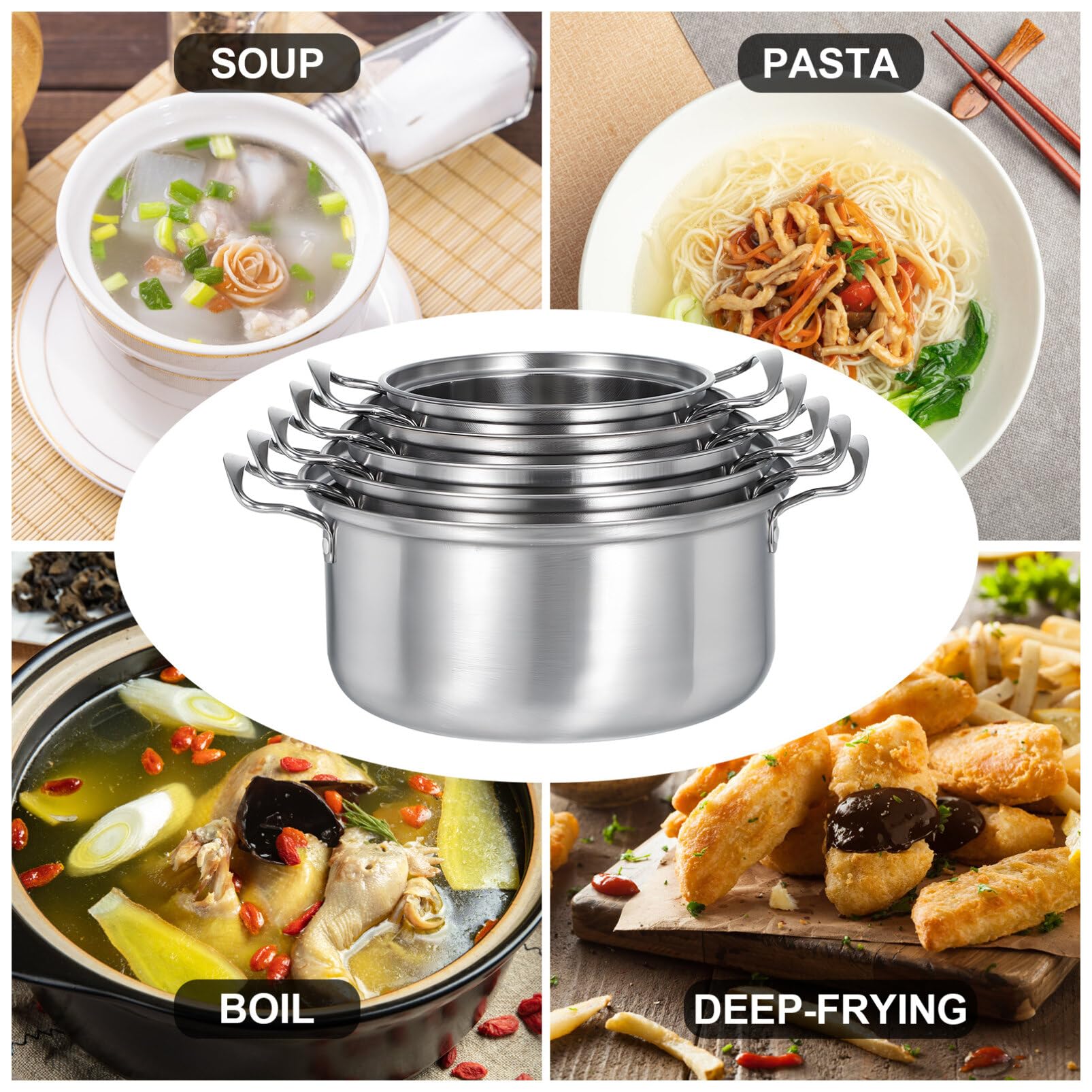 MAGICLULU Juego de 5 ollas de acero inoxidable con tapas de vidrio, utensilios de cocina de inducción, ollas de cocina grandes y pequeñas, doble asa, suministros de cocina versátiles para guisos y