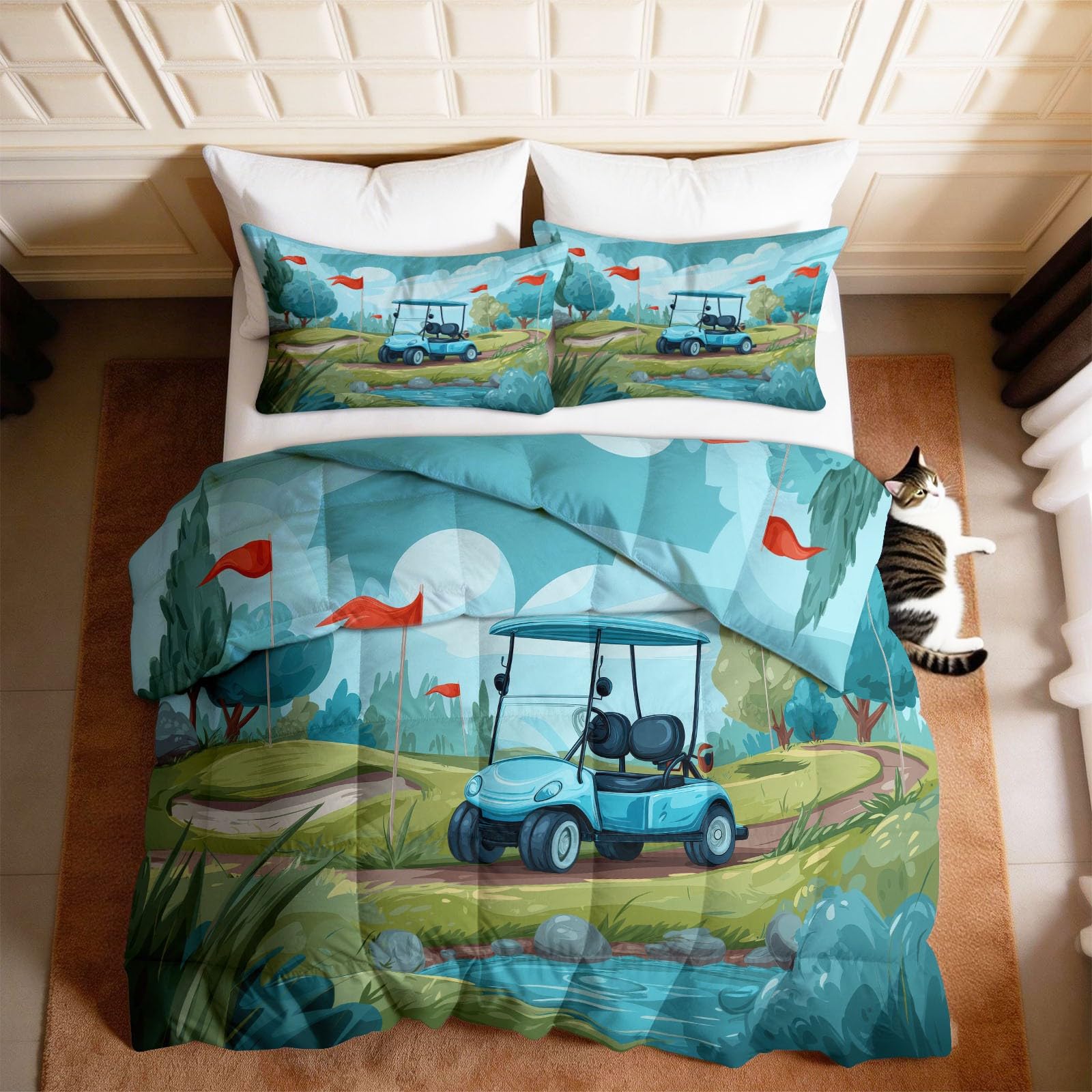 Colcha de paisaje azul con árboles para decorar dormitorios de matrimonio