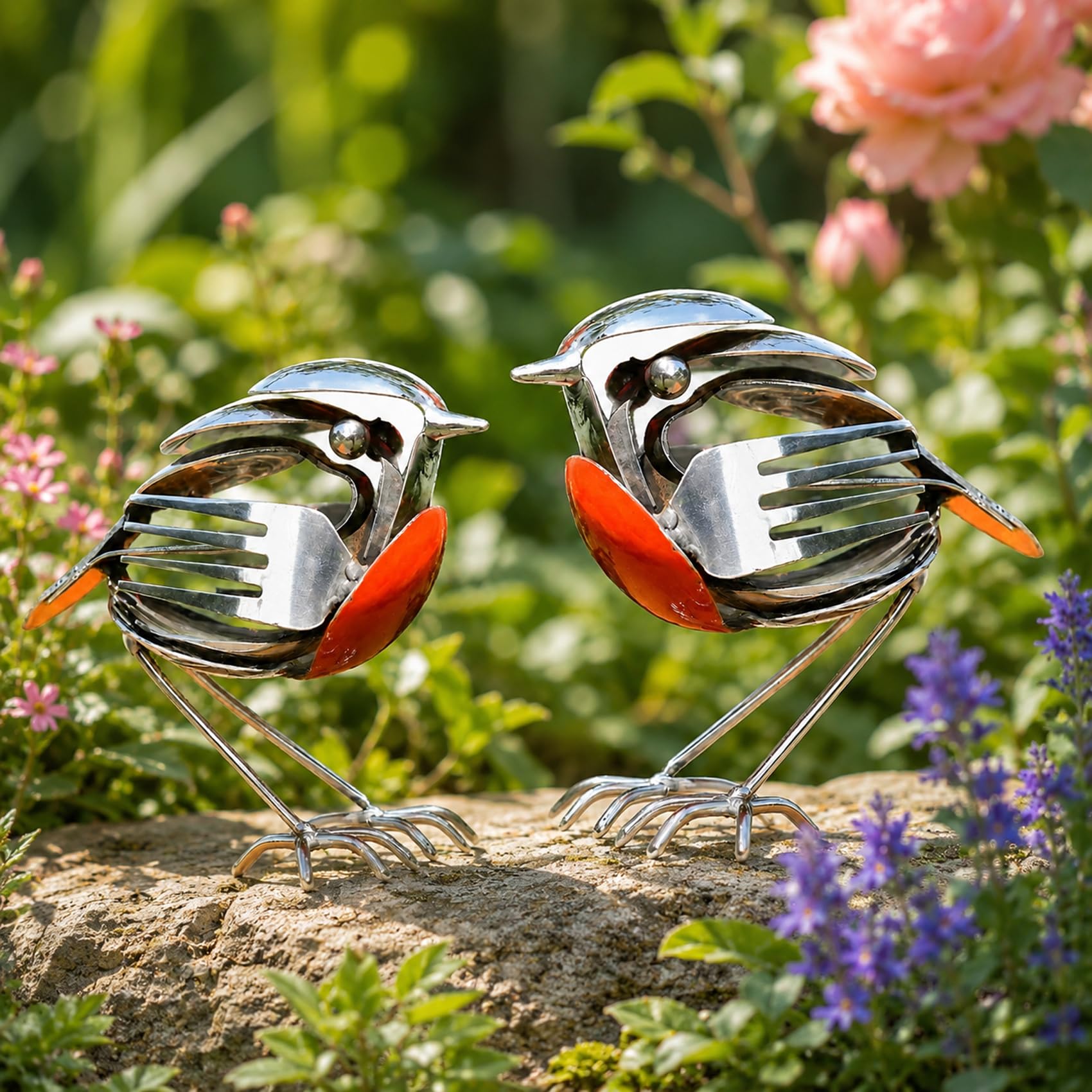 Wxshang 2026 New Upgrade Metal Robin Garden Ornament, Robin Bird Scrap Metal Art Sculpture from Recycled Fork & Spoon, Unique Cutlery Art Decor for Garden Patio Office Desk (2 Pcs)