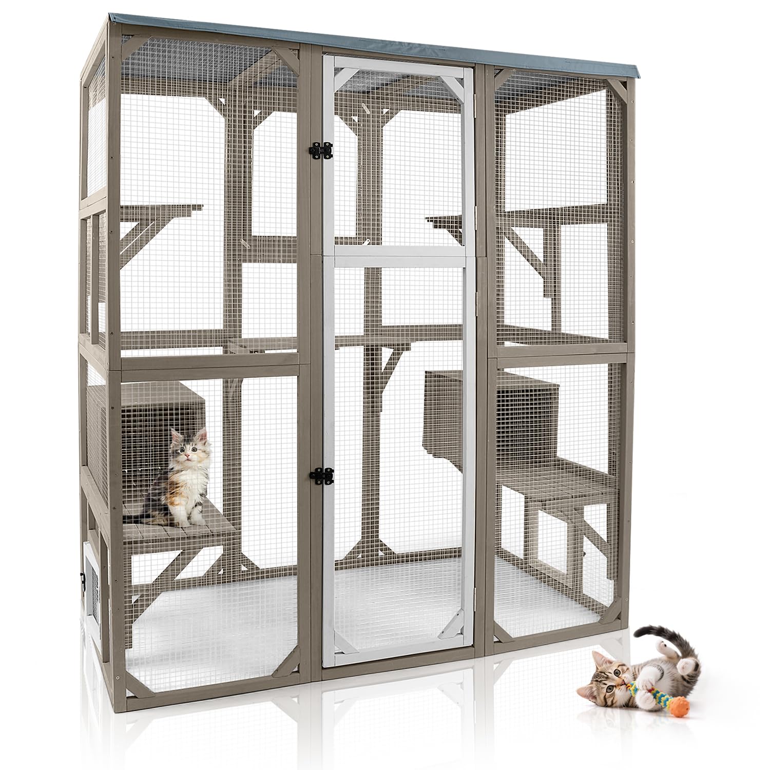 Catio Outdoor Cat Enclosure Large Cat House Catio Window for Mulitiple Cats Walk-in Kitty Cage with 5 Platforms 3 Access Doors Tarp Roof 67.7" H