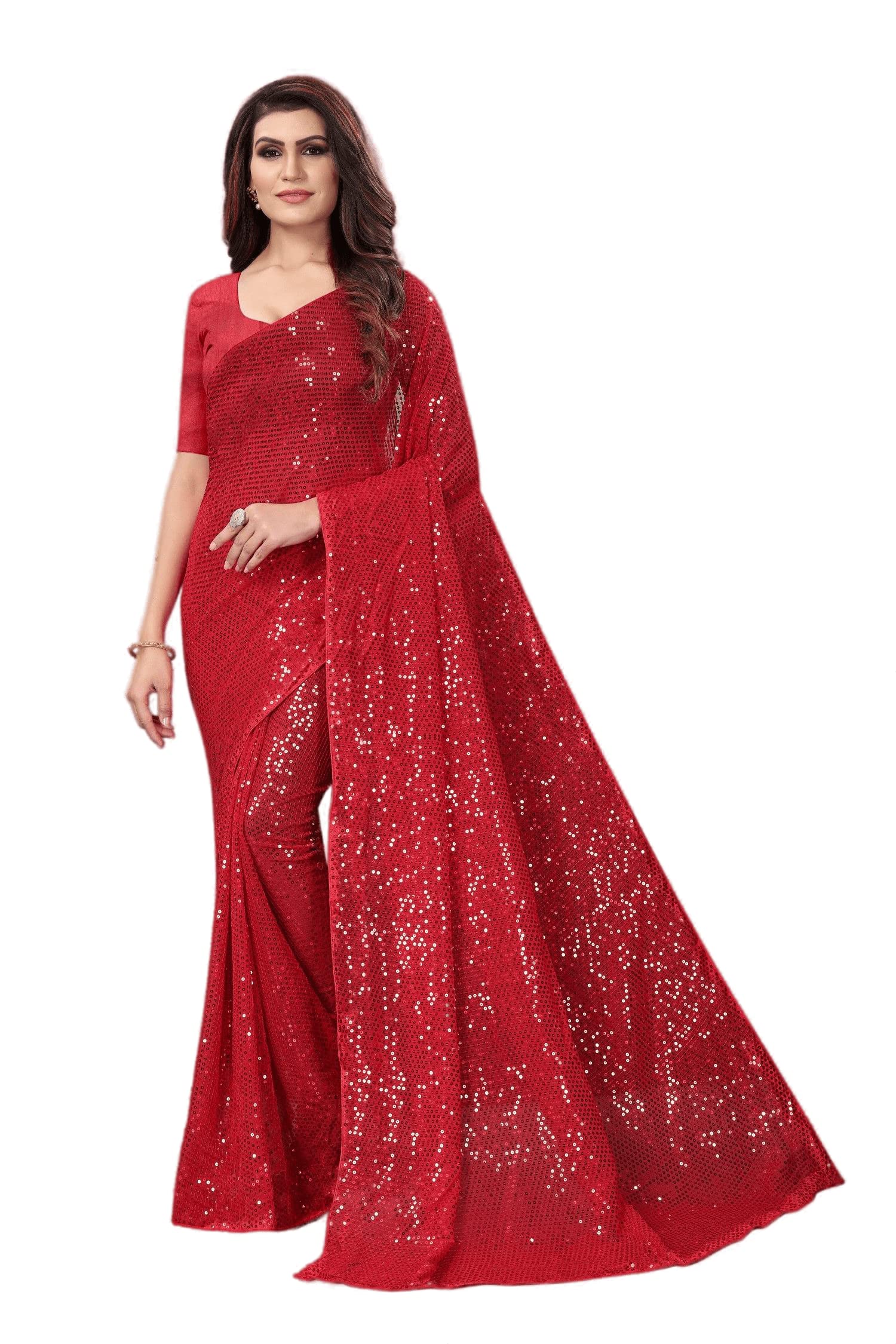 Scallop Women's Sequins Georgette Fancy Saree With Blouse Piece