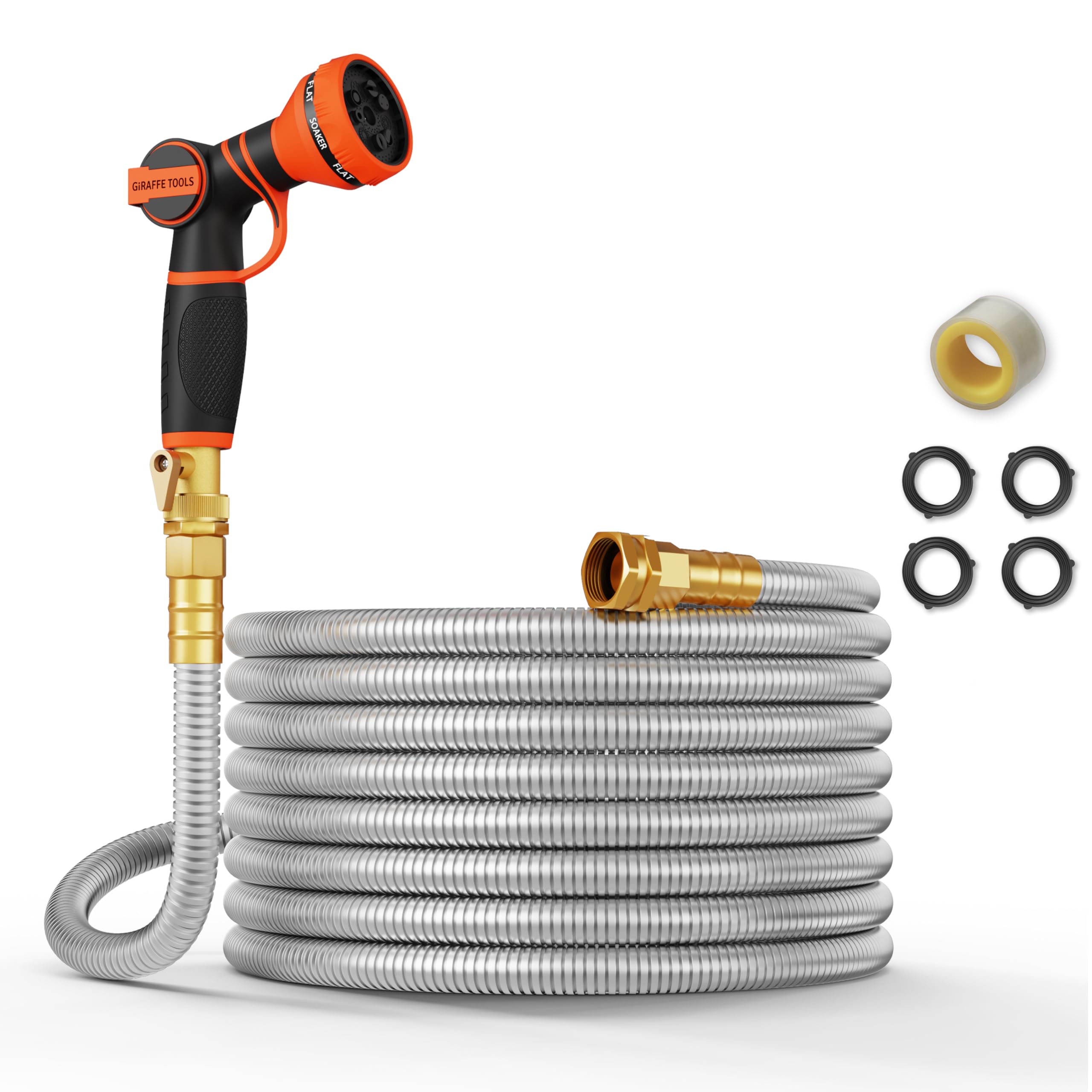 Giraffe Tools Garden Hose 75ft x 5/8", Metal Garden Hose 75ft, 304 Stainless Steel Garden Hose with 9 Pattern Spray Nozzle, Flexible, Lightweight, Kink Free Hose for Yard, Outdoor