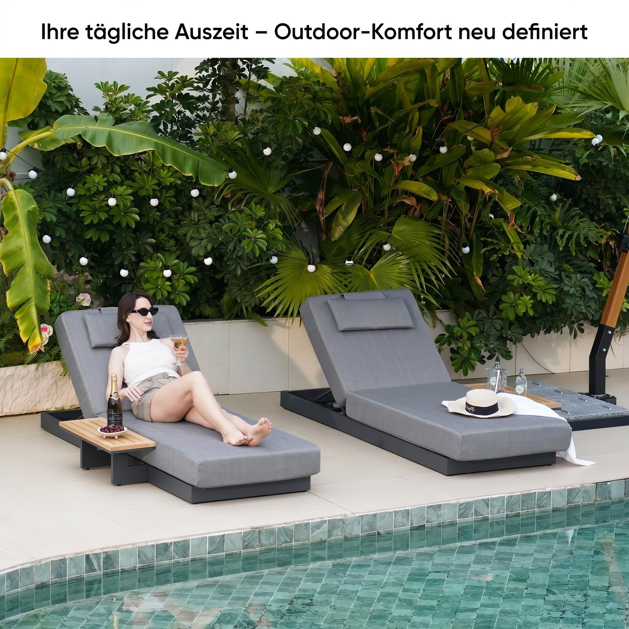 Homary Sonnenliege wetterfest, Gartenliege mit Aluminiumrahmen, Verstellbarer Rückenlehne, 19 cm Kissen, abnehmbarem Bezug und Teakholz-Beistelltisch, 2 Stück