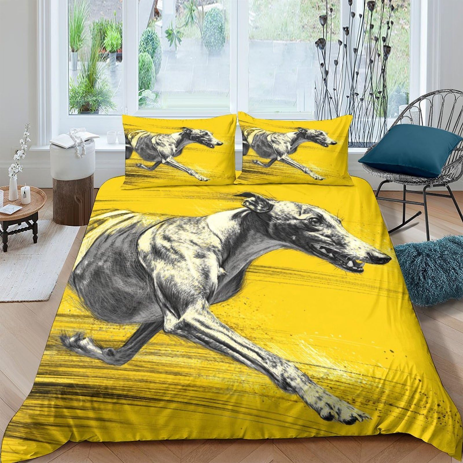 Ctjqhvkz Style-8 3D Printed Racing Greyhound Fitted Sheet Microfiber Yellow Artistic Bed Cover For Bedroom Guest Room Mattress Protection Decor Single（135X200cm）