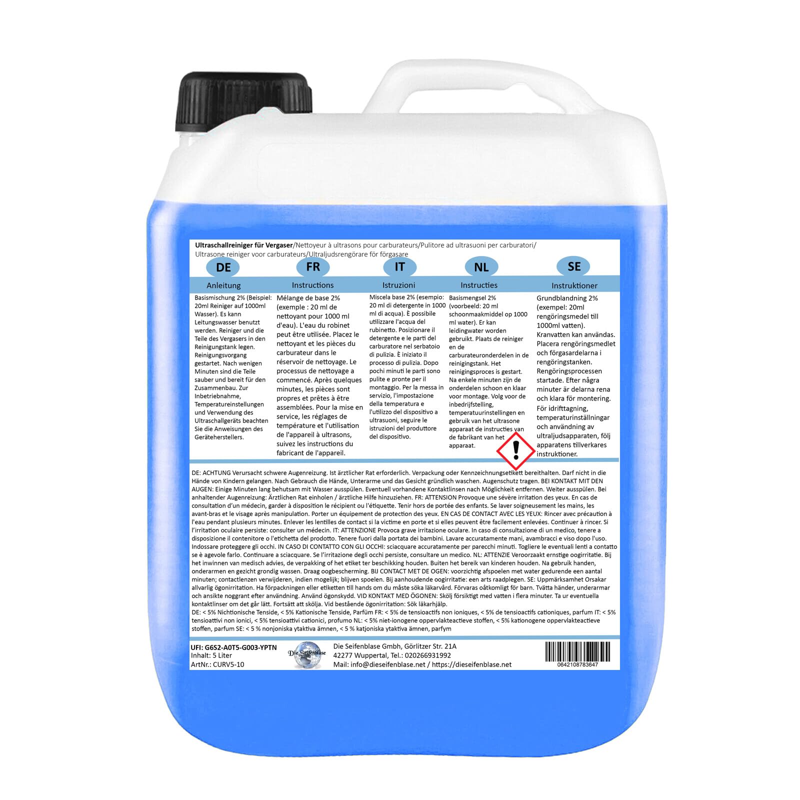 Cleanerist | Detergente ultrasuoni 5L – Concentrato per officina, carburatori, motori, freni, alberi, pompe, iniettori – per la pulizia auto contro sporco, olio e grasso
