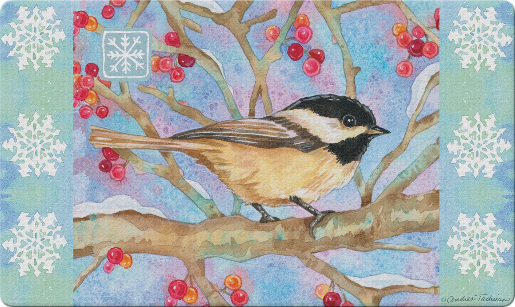 Toland Home Garden Winter Woods Chickadee 18 x 30 Inch Decorative Bird Floor Mat Snowflake Berries Doormat