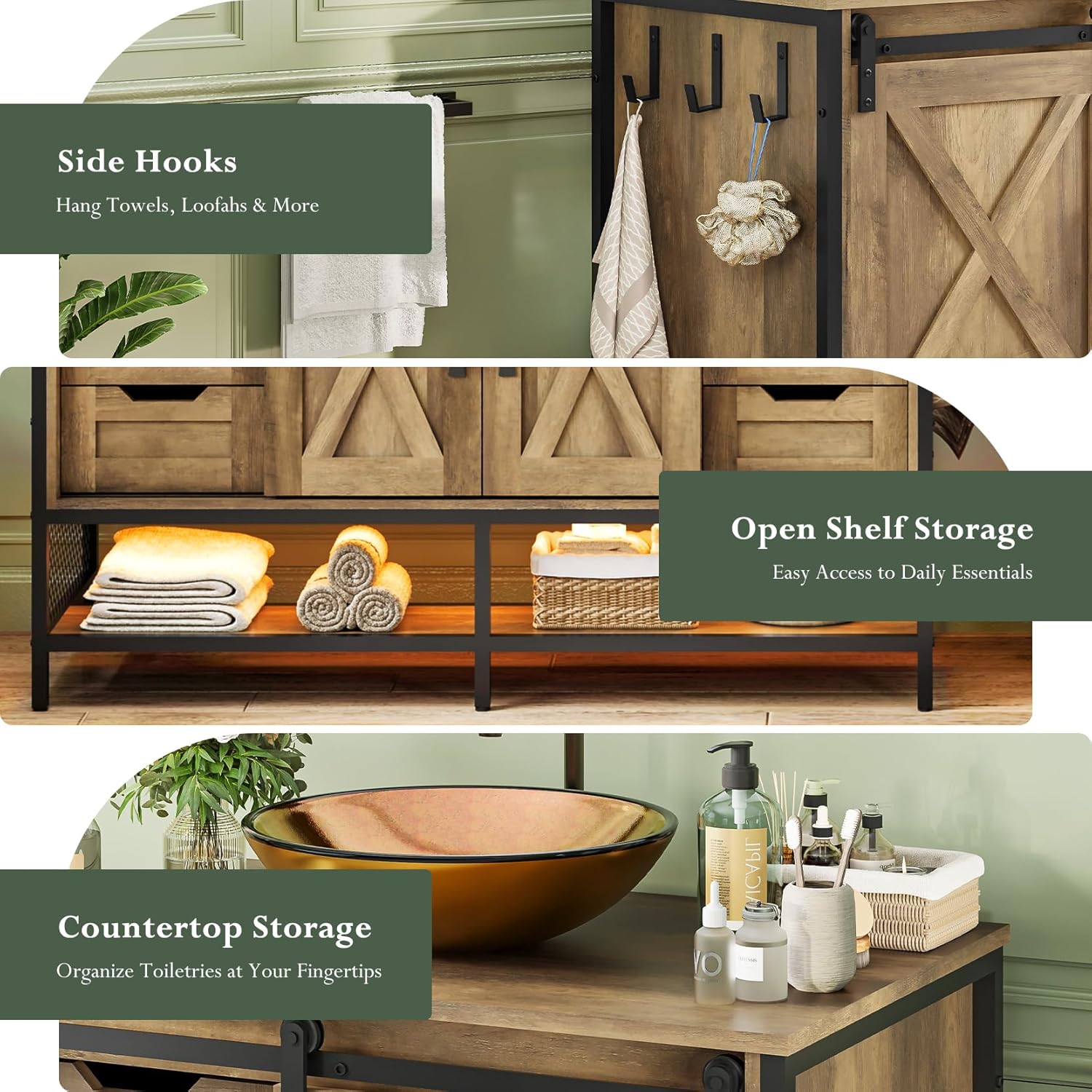 Concho 47'' Farmhouse Bathroom Vanity with Double Vessel Sink, Bathroom Sink Storage Cabinet with LED Light & Sliding Barn Door, Adjustable Shelf, 3 Drawers, Side Hooks, Vintage Brown