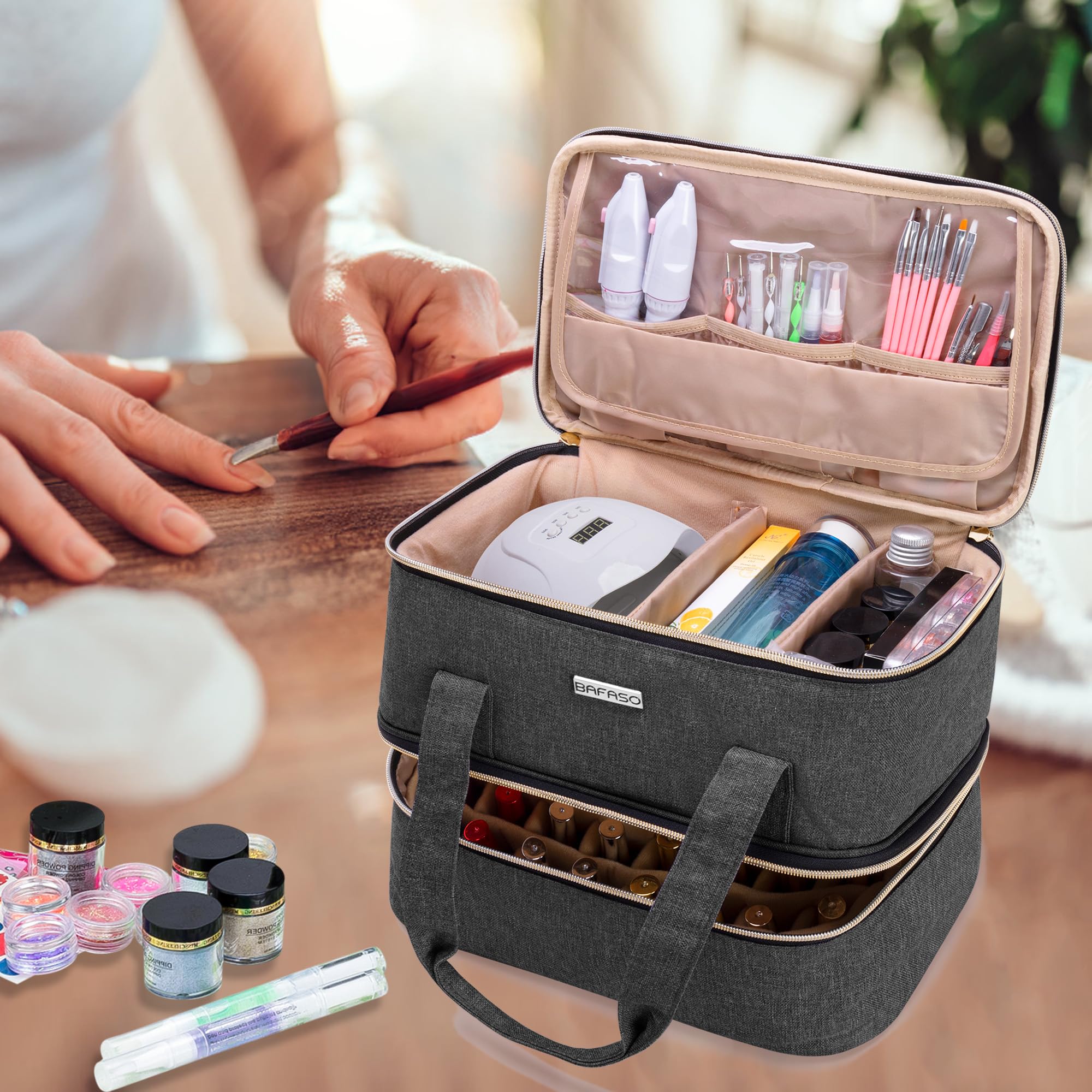 BAFASO Borsa Organizer per Smalti per 40 Flaconi (15 ml - 0,5 fl.oz) e Lampada Unghie UV, Valigetta Porta Smalti per Unghie, Borsa da Viaggio per Smalti per Unghie (Solo Borsa), Nero
