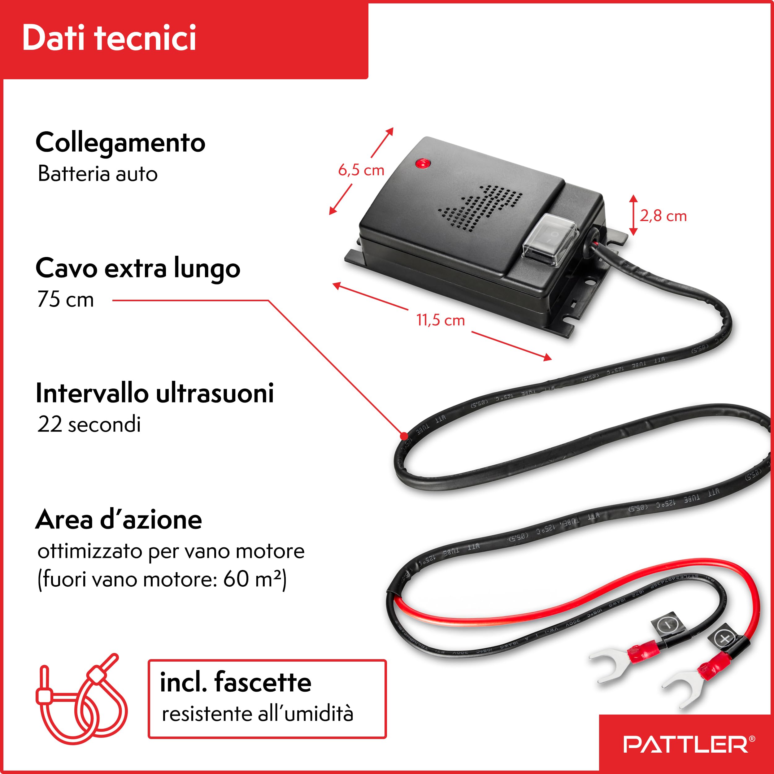 PATTLER Anti Martora per Auto con Ultrasuoni - Protezione Immediata e a Lungo Termine Contro Le Martore nel Vano Motore - Funziona con Batteria Auto a 12V - 1 Pezzo