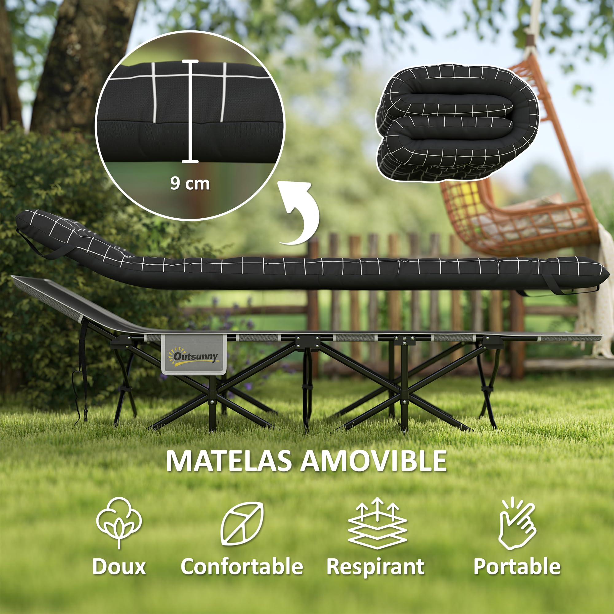 Outsunny Lit de Camping Pliable avec Matelas, Lit de Camp Pliant, Pochette latérale et Sac intégré, transat Chaise Longue en métal et Tissu Oxford, 190 x 67 x 37 cm, Charge 150 kg, Noir