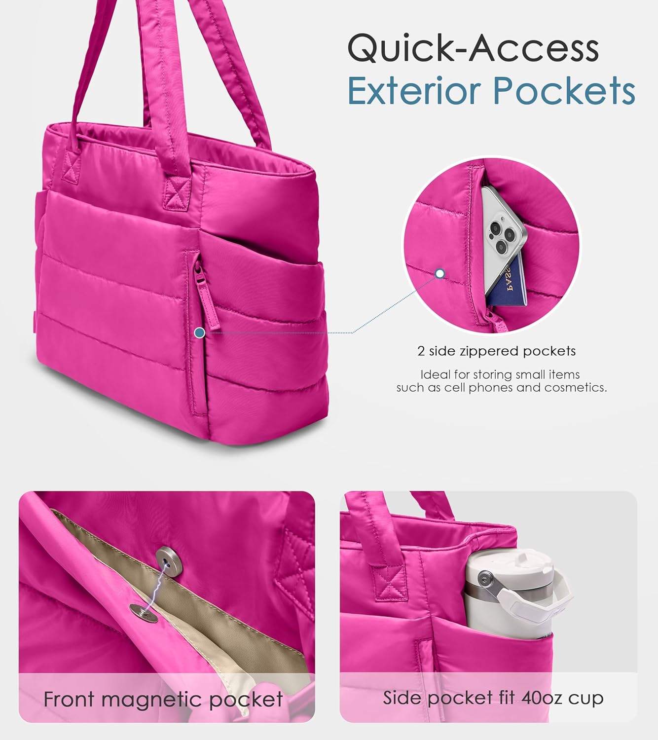 Tote Bag for Women with Zipper, Quilted Puffer Tote Bag with Compartments, Lightweight Puffy Work Bags for Women Travel - Image 3
