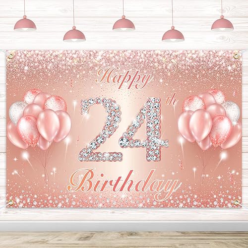 Fondo de pancarta de feliz cumpleaños 24  Suministros de decoración de fiesta de cumpleaños 24 para mujeres u hombres  Oro rosa de 4 x 6 pies