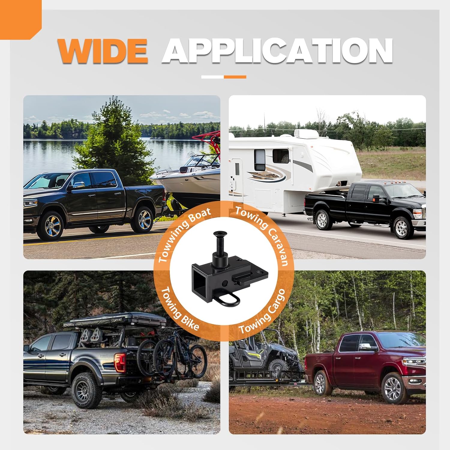 Various towing applications including boat, caravan, bike, and cargo