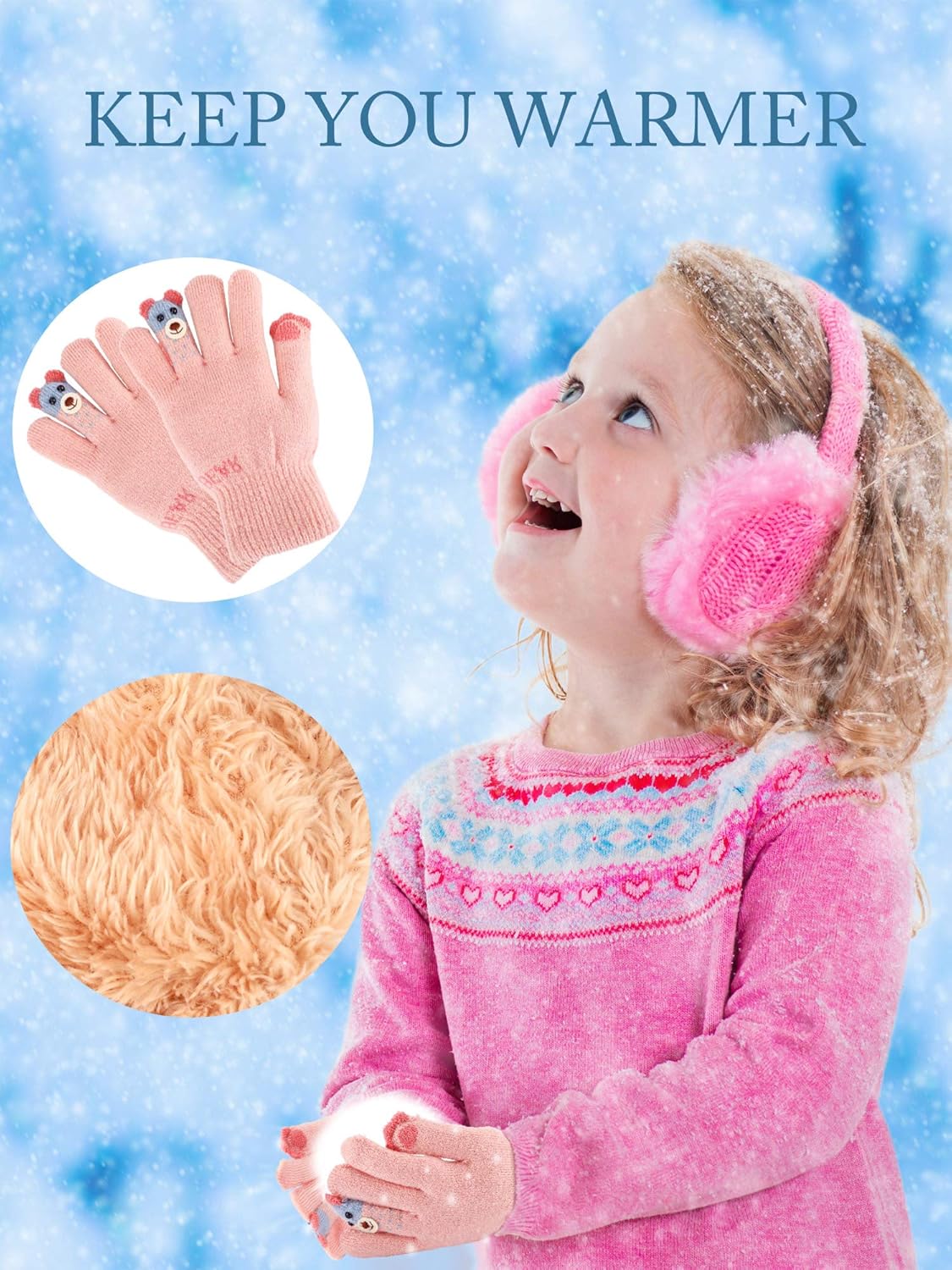 SATINIOR Kid Girls Winter Hat Gloves Set Pink Fleece Lined Warm Ski Mask Earflap Hood Skull Caps Cable Knit Gloves for Cold Weather - Image 5